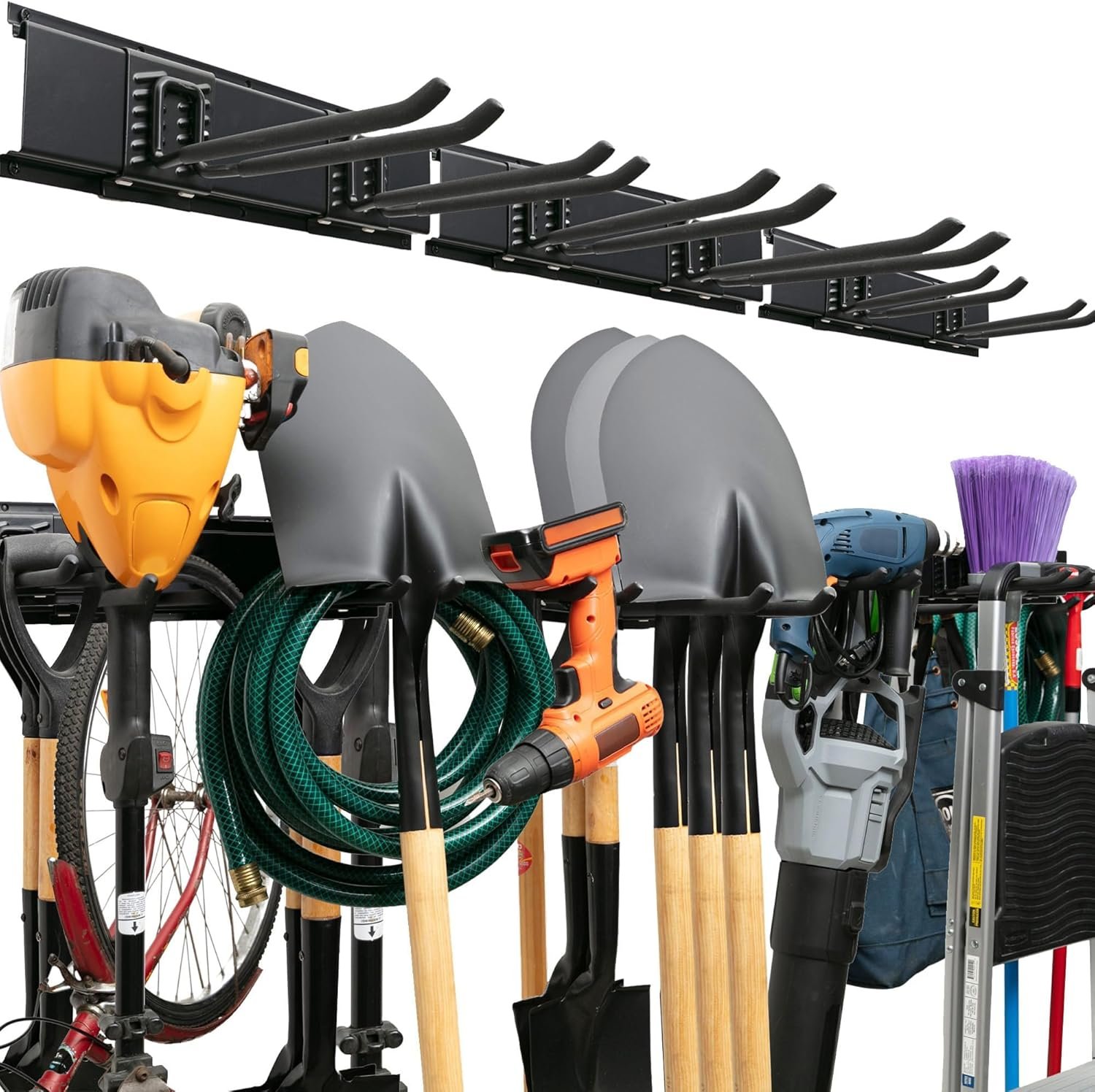 TIDYME Garage Tool Organizer Wall Mount – 48 inches – Sturdy Storage Rack with Adjustable Hooks, Anti-Rust – Easy Installation, 300lbs Capacity – Garden Tool Organizer (03 Racks & 06 Hooks)