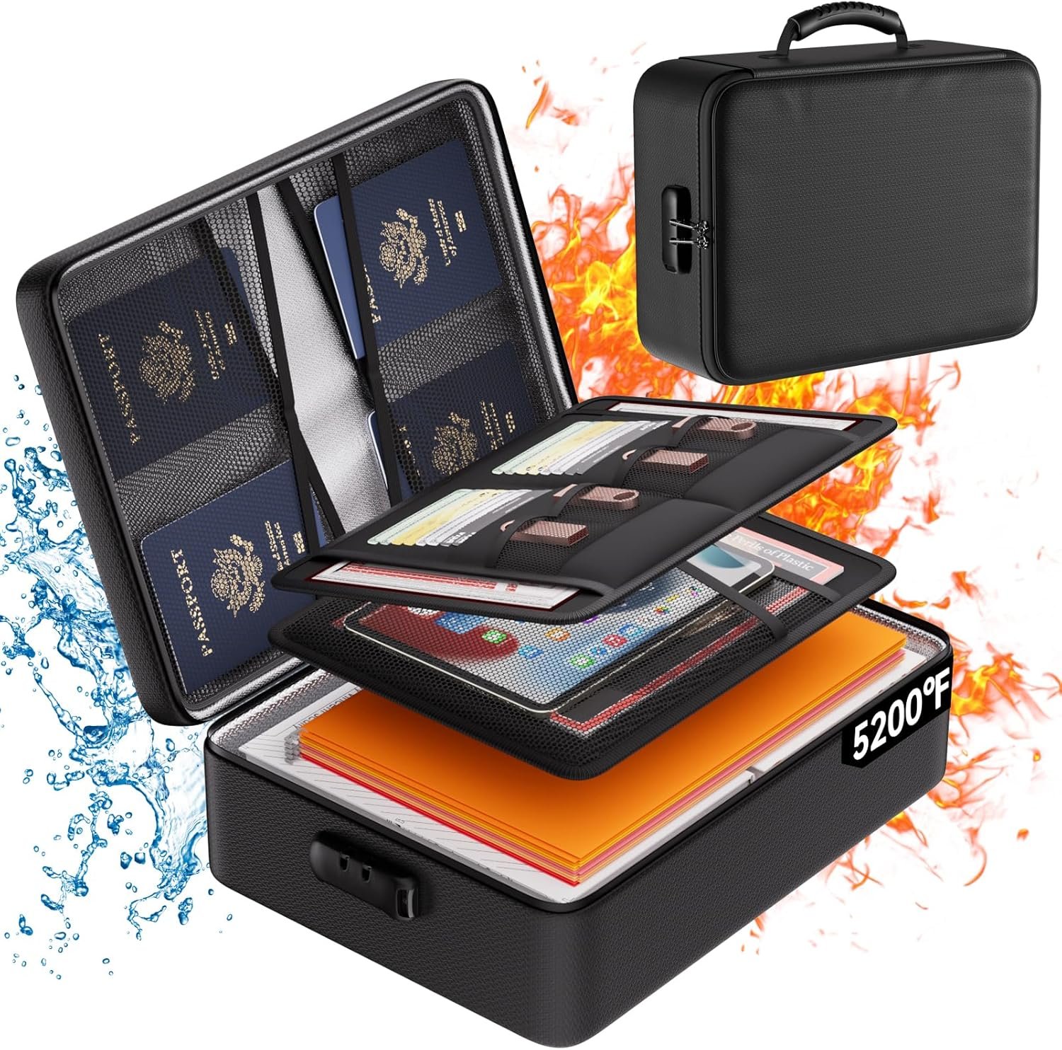 DocSafe 5200°F Document Organizer with Lock, Heat Insulated Fireproof Box | Upgraded 8 Layers File Storage Protection,Water-Resistant,Portable Home Travel Safe for Important Documents and More,Black