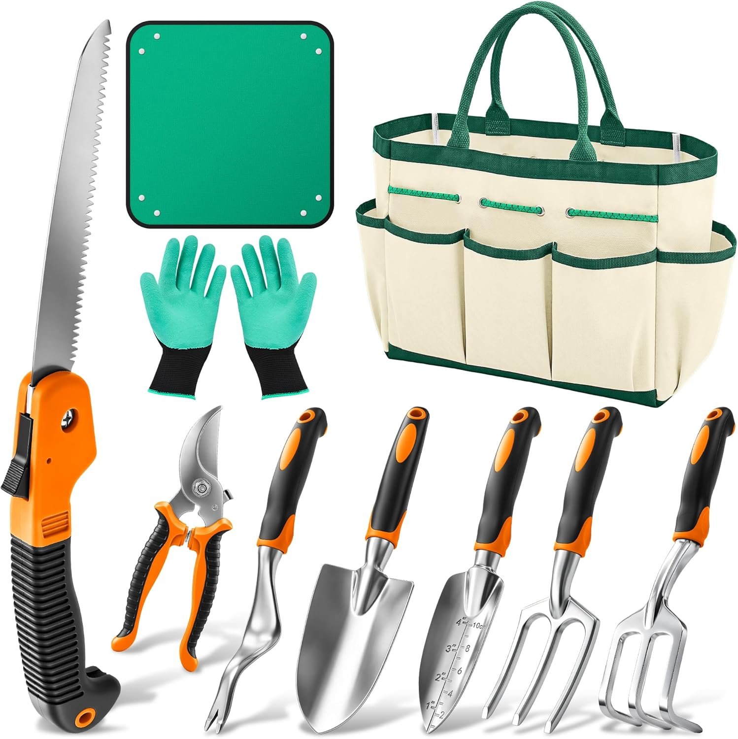 Garden Tool Set Gardening Tools – Heavy Duty Aluminum Tool Kit with Non-Slip Handle, Gardening Gloves and Tool Bag for Weeding, Planting and Pruning, Gifts for Women Mom (Orange Set)