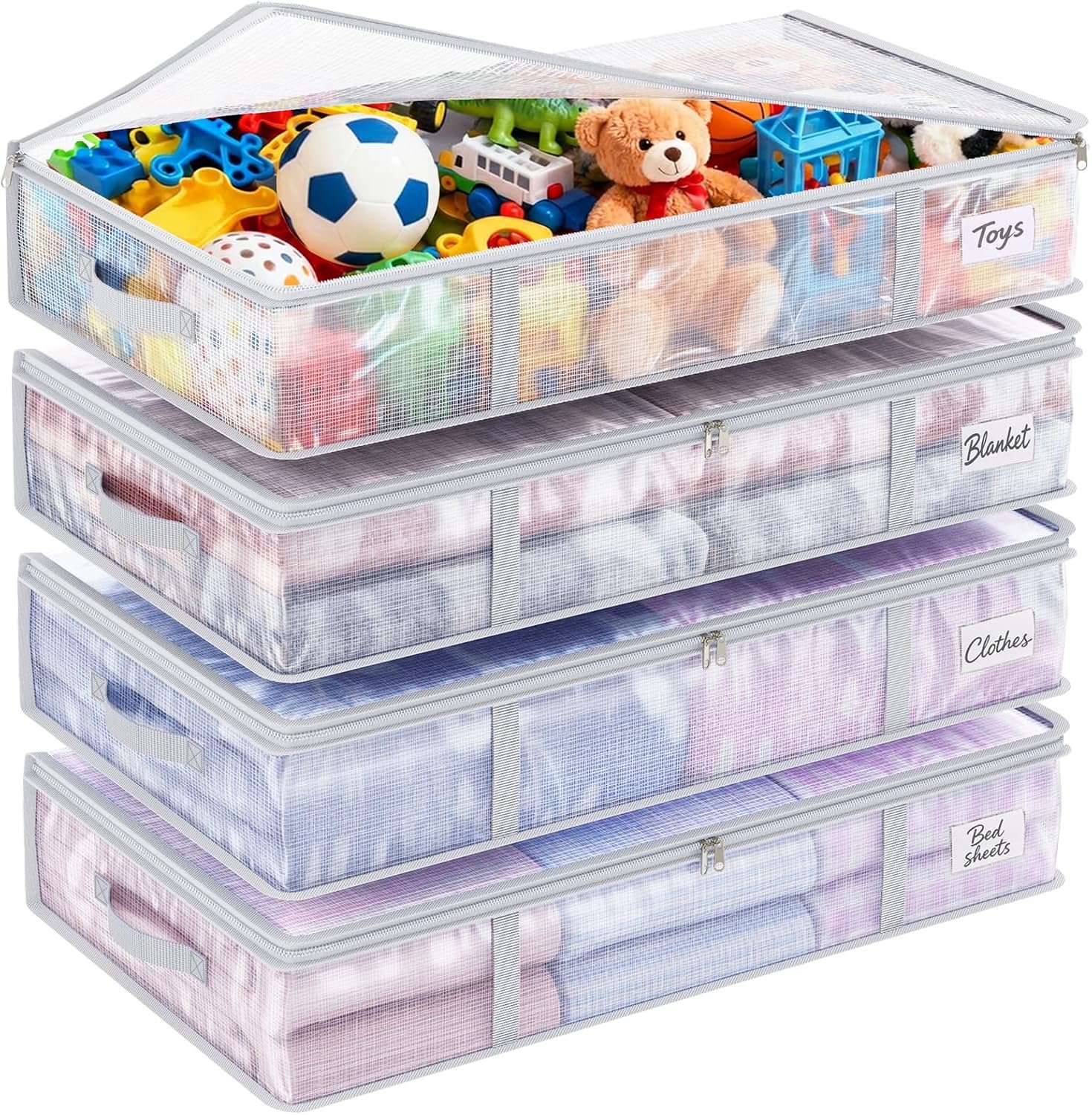 Fixwal 4pcs 90L Under Bed Storage Containers Bins Clear Closet Underbed Organizers and Storage for Blanket, Clothing, Sweaters, Pillows, Linen Sheets with Sturdy Handle and Zippers