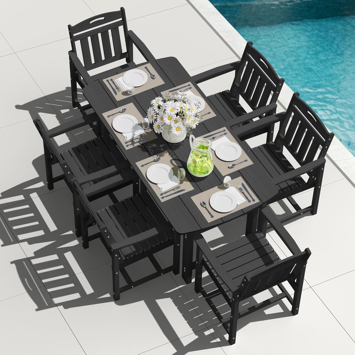 HDPE Outdoor Dining Set, Patio Table and Chairs Set, All-Weather 7-Piece Outside Table and 6 Chairs, 2″ Umbrella Hole, Outdoor Furniture for Garden, Poolside, Backyard, Deck | Black