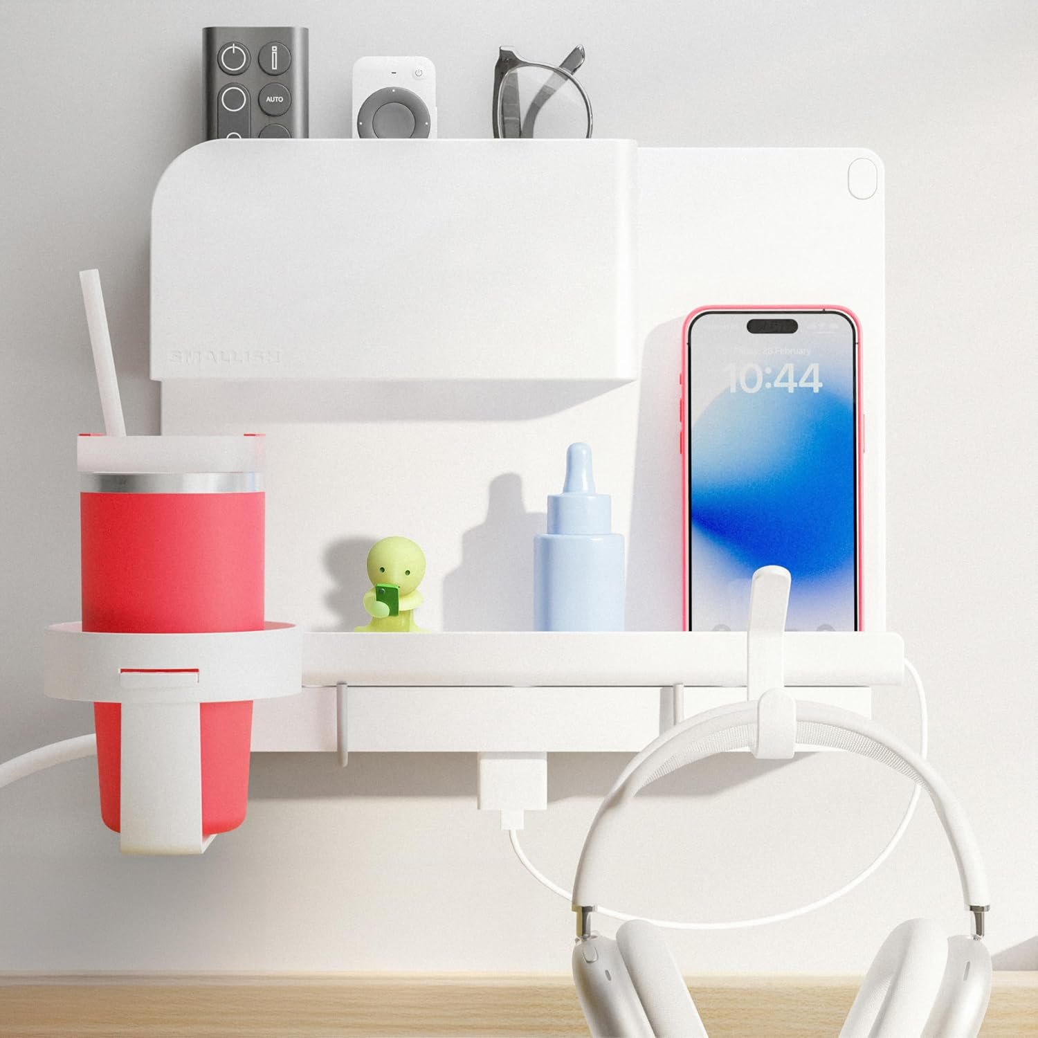 WallShelfie Bedside Wall Organizer & Dorm Decor – Dorm Room Essential, Floating Bedside Shelf Wall Mount Organizer, Remote Control Holder, Cool Teen Girls Trendy Stuff, Room Organization (White)
