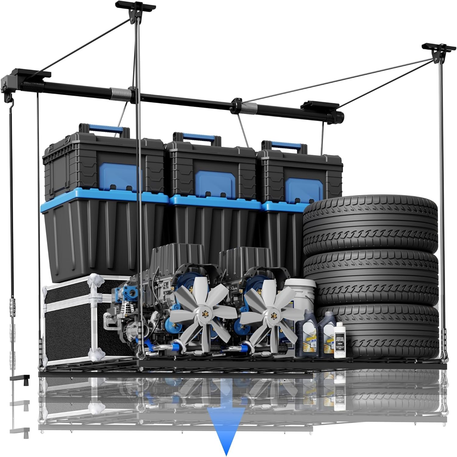 FLEXIMOUNTS GL1 Overhead Garage Lifting Storage Rack, 4×4 Ft Heavy-Duty Metal Garage Ceiling Rack, Adjustable Organization System With 71”L Axle, 350lbs Weight, Black