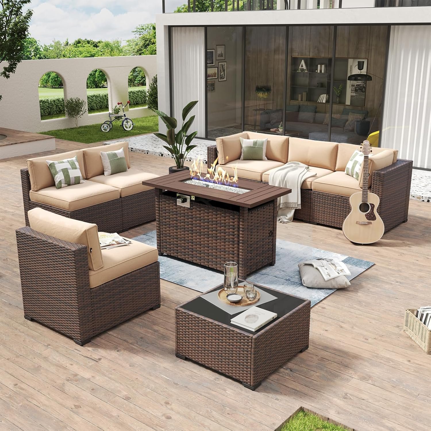 Aoxun 8 Piece Patio Furniture Set with 44” Fire Pit Table Wicker Rattan Outdoor Sectional Sofa Set with Coffee Table and Thickened Cushions, Beige