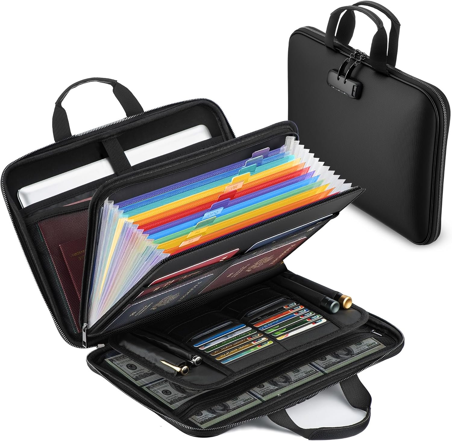 facka Fireproof Document Box with Lock, Hard-Shell Safe File Organizer | 13-Pocket Accordion Folder for Important & Legal Documents, Laptop, Passport, Cards & Valuables, Home Office Travel Black