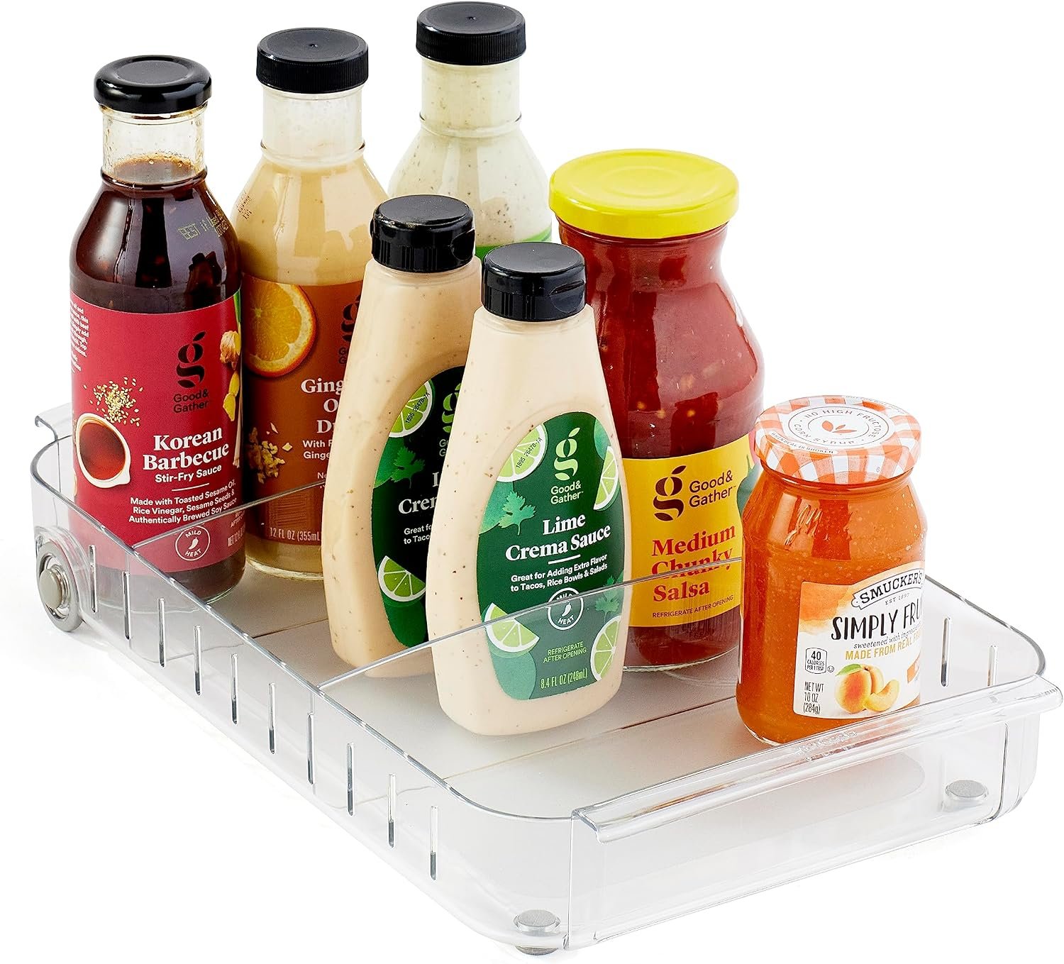 YouCopia RollOut Fridge Caddy BPA-Free Clear Rolling Refrigerator Organizer Bin with Adjustable Dividers and Handles, 9″ Wide