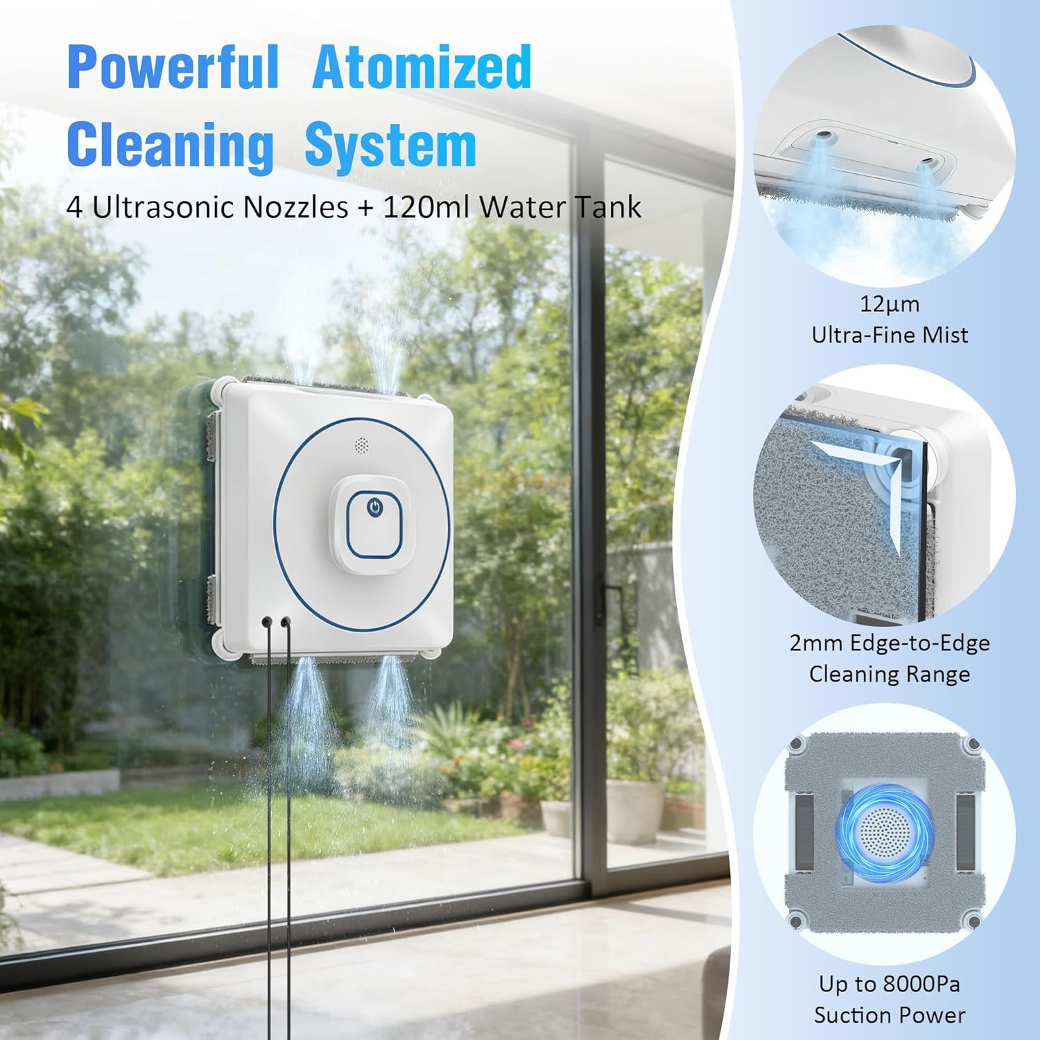 Window Cleaner Robot with 4 Cleaning Modes, 8000Pa Suction Dual Direction Auto-Spray Window Cleaner, Intelligent Path, Edge Detection, Remote Control, 15-Stage Anti-Fall System for Windows