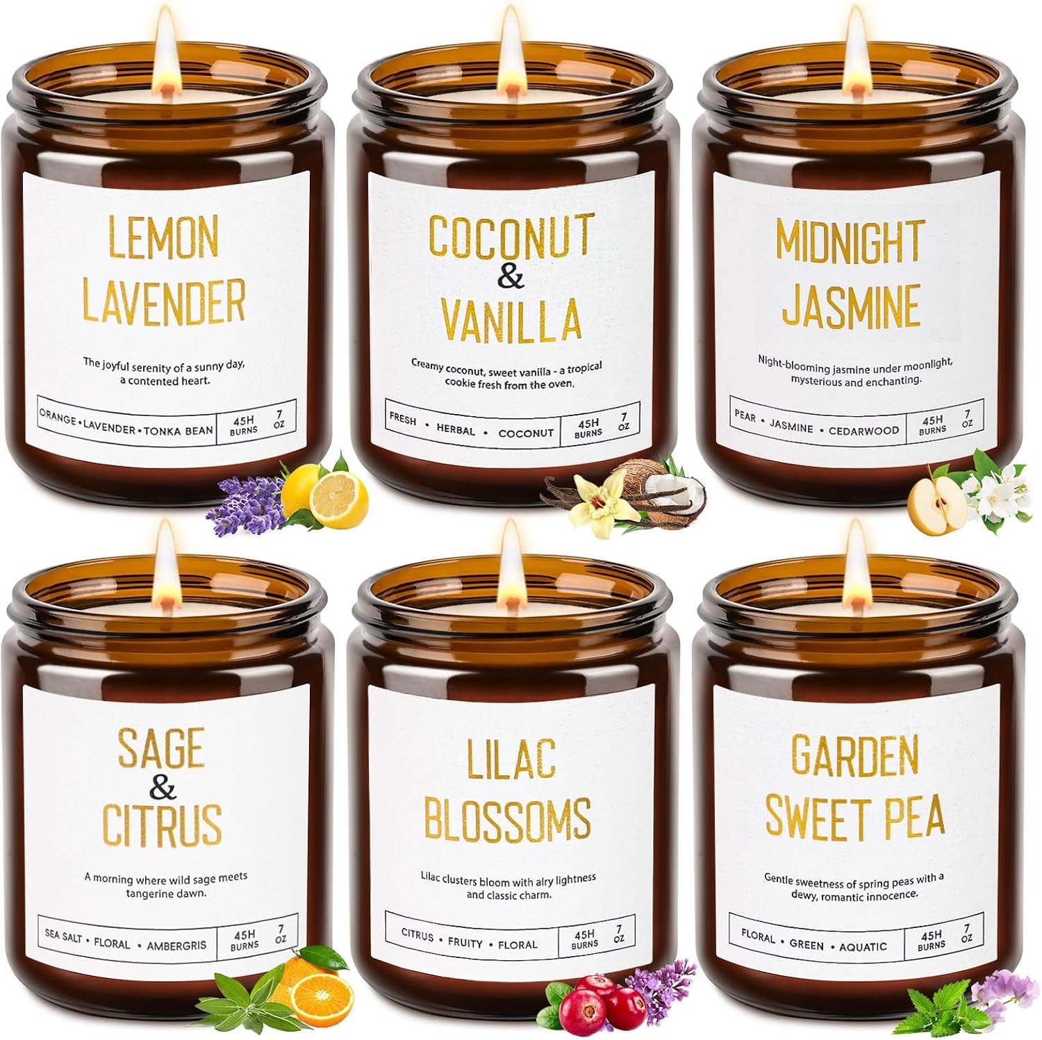 Candles for Home Scented – Soy Candles Non Toxic, 6 Pack Candle Gift Set | 42oz 300h Long Lasting Aromatherapy Candles with Lavender Lemon Vanilla Coconut Jasmine Sage – Floral & Fruity Scents