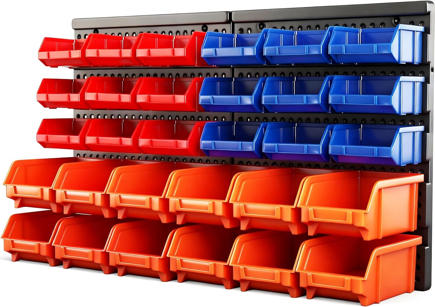 HORUSDY Wall Mounted Storage Bins Parts Rack 30PC Organizer Garage Plastic Shop Tool for Men’s Gift, Blue,Orange,Red