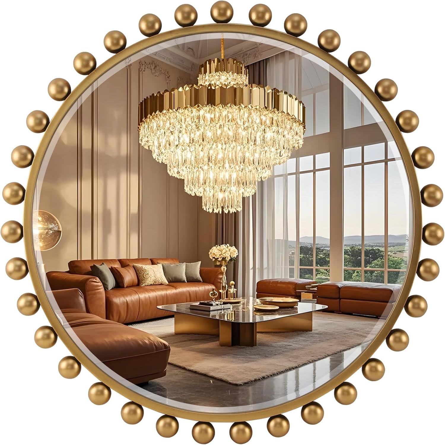 30 Inch Round Wall Mirror, Antique Gold Ball Frame, Beveled Glass | Beaded antique gold vintage wall-mounted accent mirror for bathroom vanity, living room, bedroom, entryway, or hallway décor