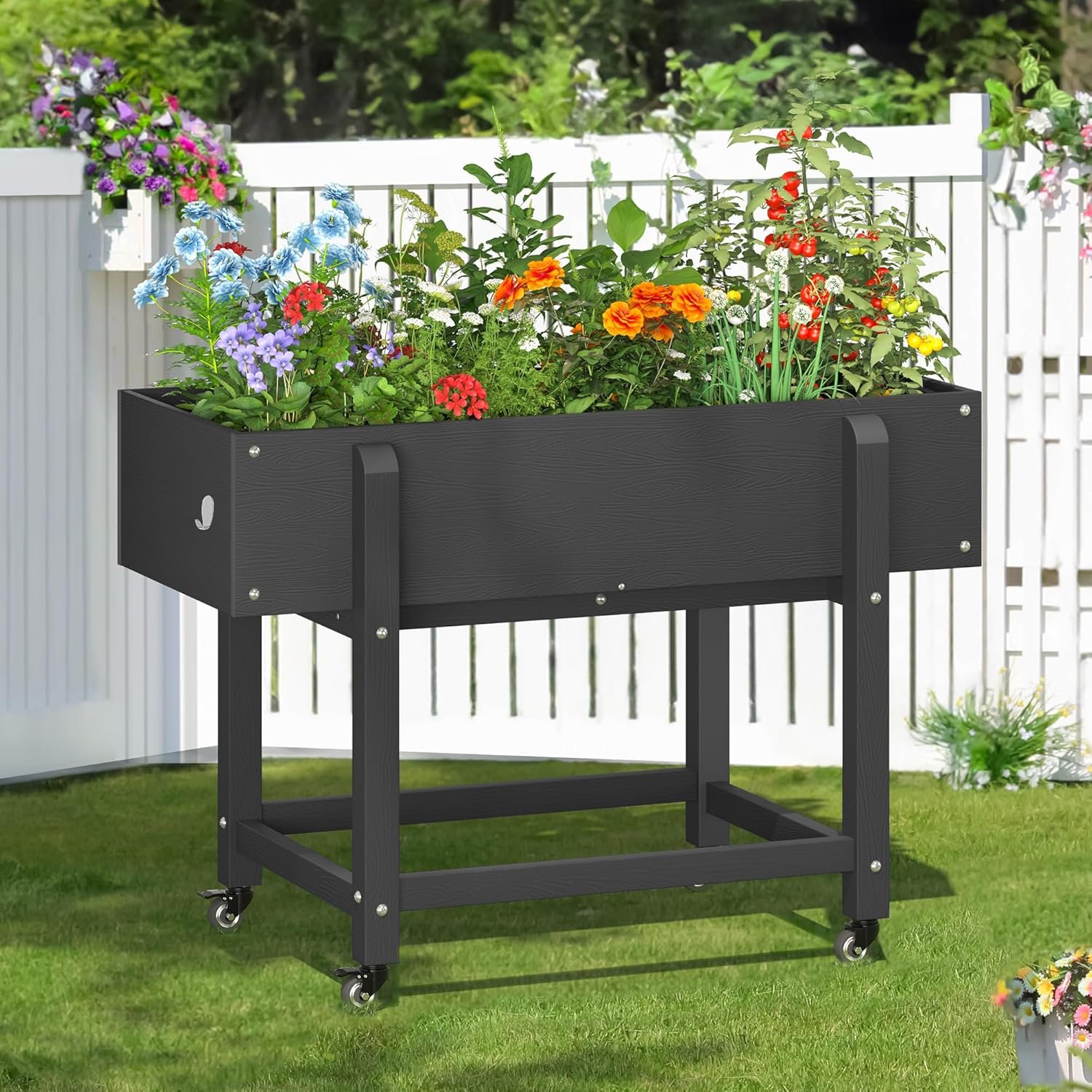 LUE BONA Raised Garden Bed with Wheels, 39.4 * 16.7 * 28 in, Poly Elevated Outdoor Planter Box with Tools, Weather Resistant, Standing Growing Bed Herb Planter for Vegetable, Flowers, Fruits