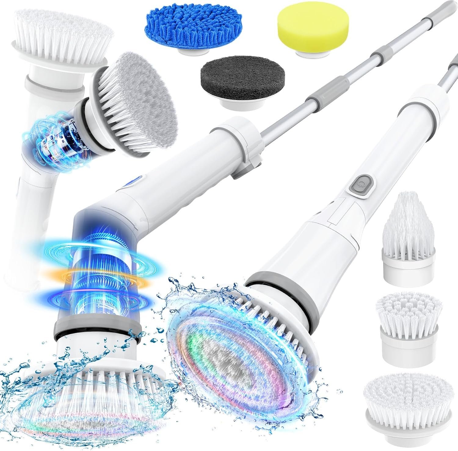 Electric Spin Scrubber, Cordless Shower Spin Scrubber with Dual Speed, 6 Replacement Brush Heads & Adjustable Extension Arm, 2H Bathroom Scrubber, Power Spin Scrubber for Bathroom Car Floor Grout Sink
