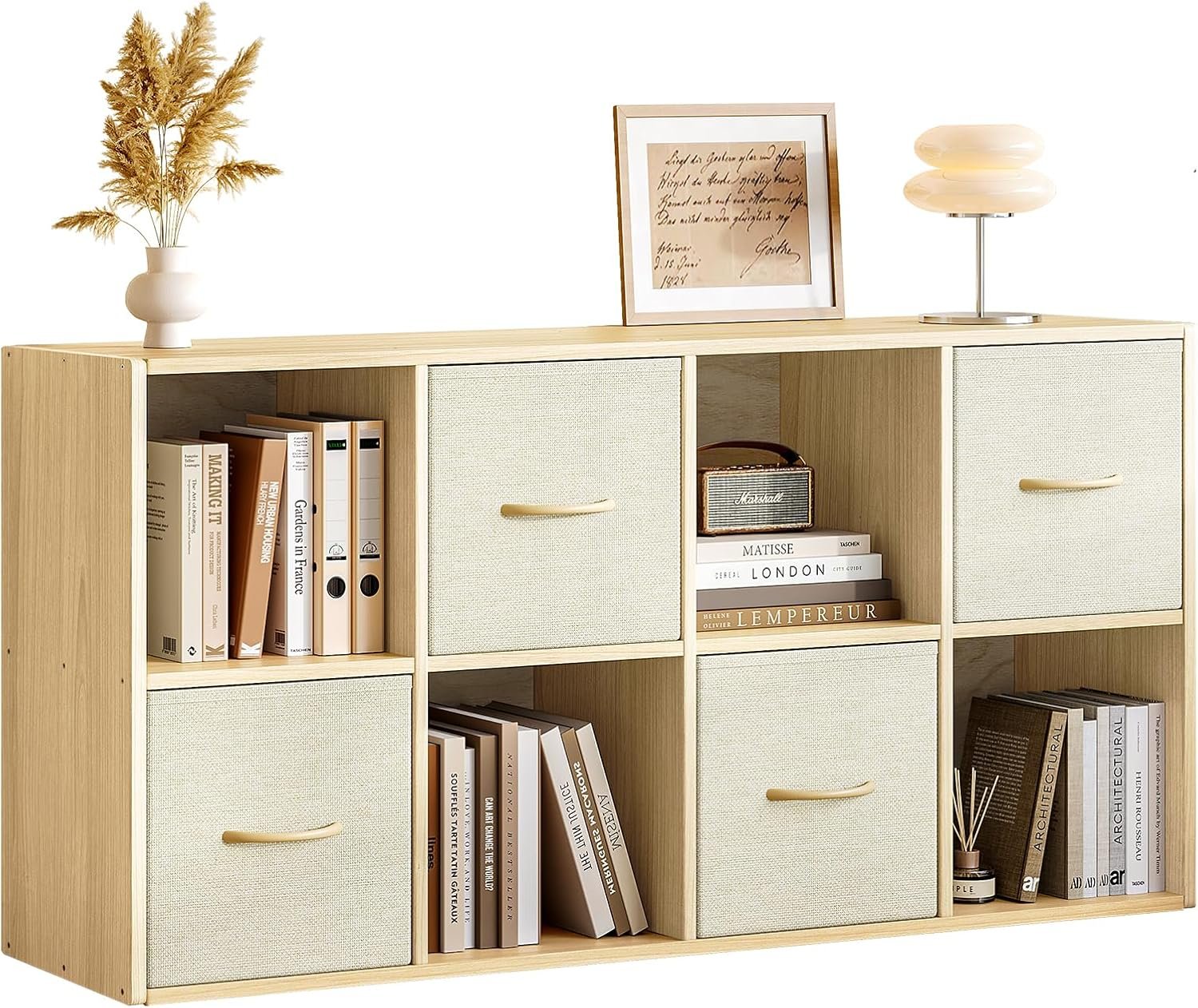 EXPERLAM 8 Cube Storage Organizer – Solid Wood Bookshelf with 4 Storage Bins, Cube Shelf with 2 Removable Back Panels, Vertical or Horizontal Bookcase, Open Book Shelf for Bedroom, Living Room, Office
