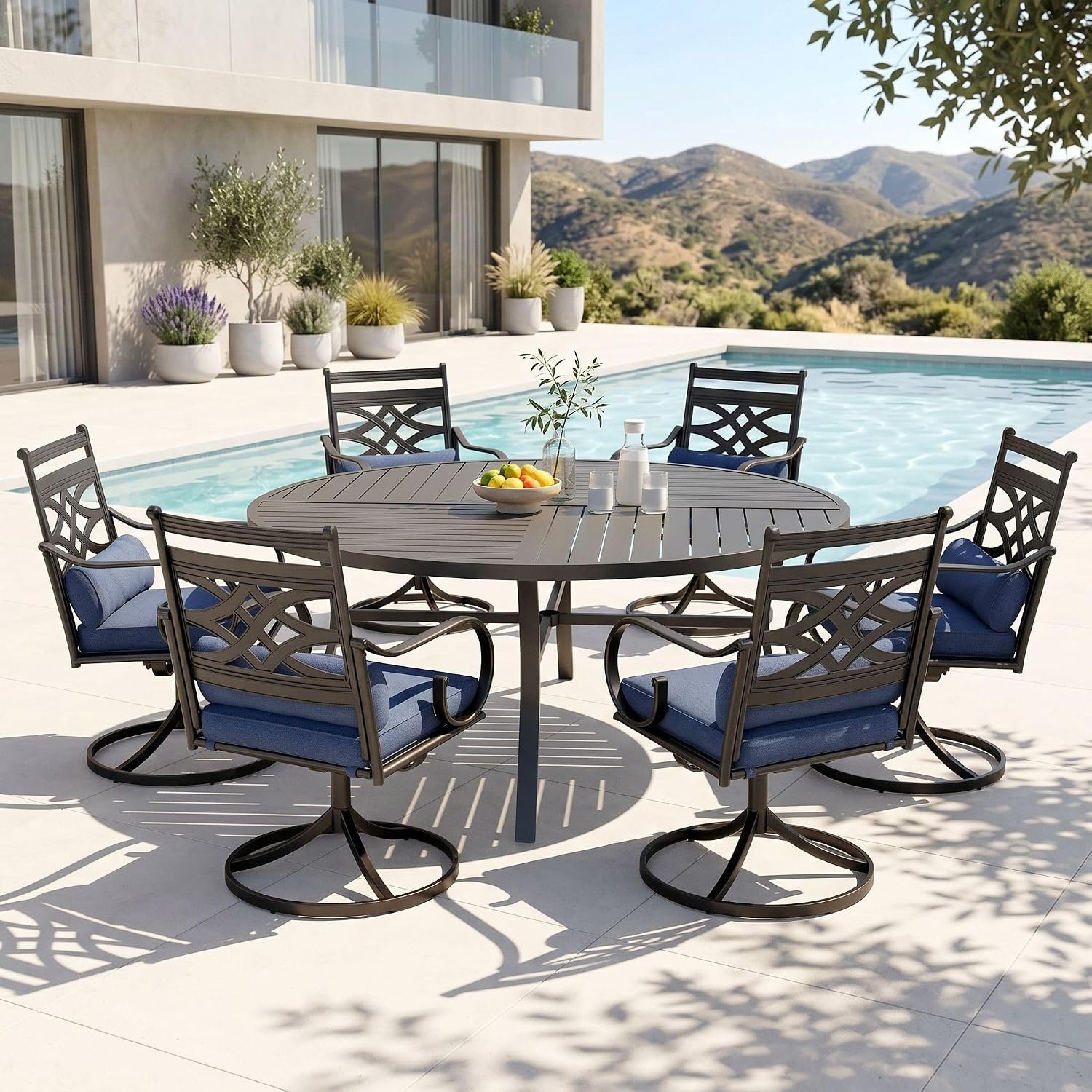 PHI VILLA 7 Pieces Outdoor Dining Set for 6, 54″ Round Black Metal Table with Umbrella Hole & Wrought Iron Swivel Chairs, Large Outside Furniture with Blue Cushions & Pillows for Patio, Deck, Porch