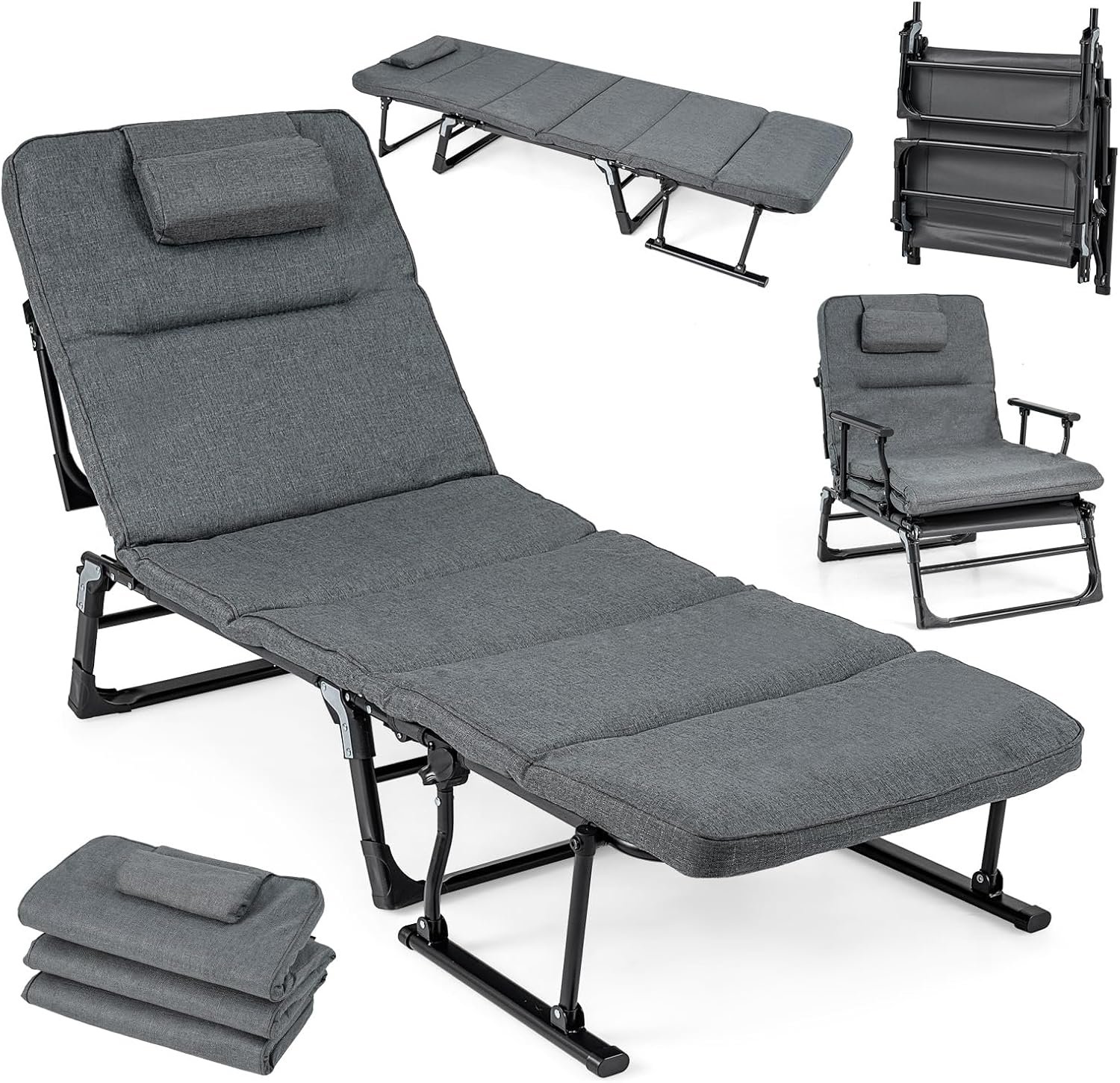 Giantex Folding Patio Lounge Chair with 6-Level Adjustable Backrest, Outdoor Foldable Bed with Detachable Cushion and Armrest, Head Pillow, Portable Camping Cot for Yard, Bench, Office, Home (1)