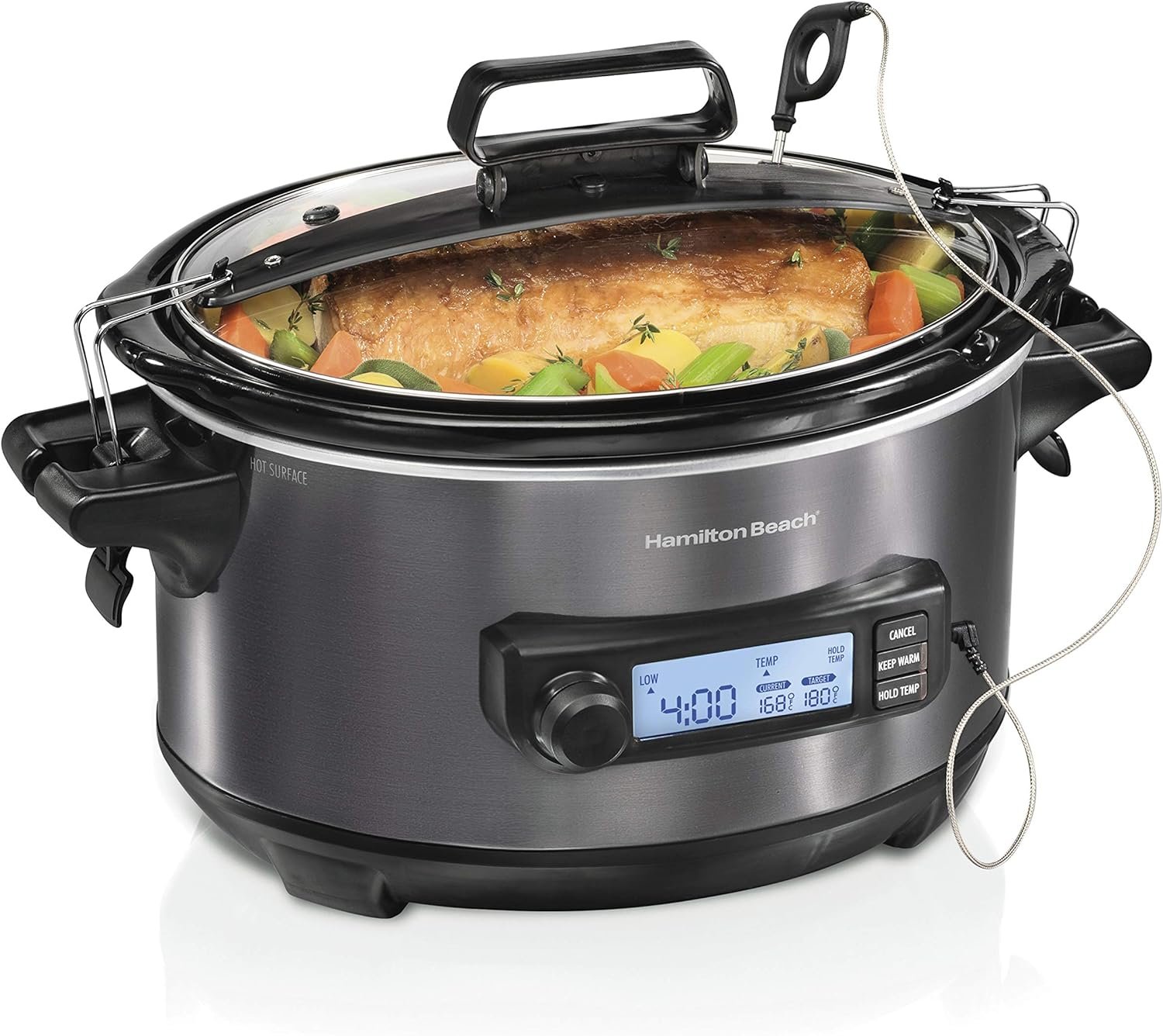 Hamilton Beach Portable 6 Quart Set & Forget Programmable Slow Cooker | Temperature Probe | Lid Lock For Easy Travel | Dishwasher Safe Crock & Glass Lid | Black Stainless Steel | 33866