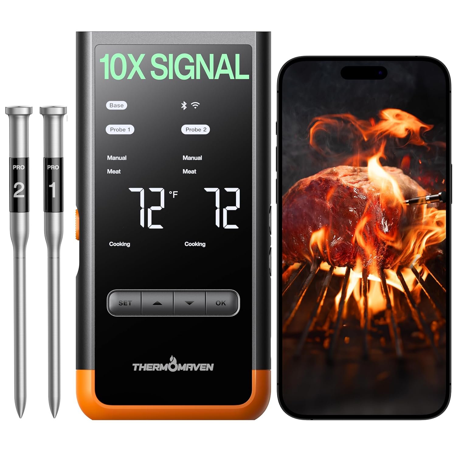 ThermoMaven Sub-1G Wireless Meat Thermometer, 2 Probes WiFi Thermometer | 3000FT Open Range, Smart App + Base Control, 6 Sensor NIST ±0.5°F Accuracy, BBQ Smoker Grill Oven, Brisket Steak Turkey Pork