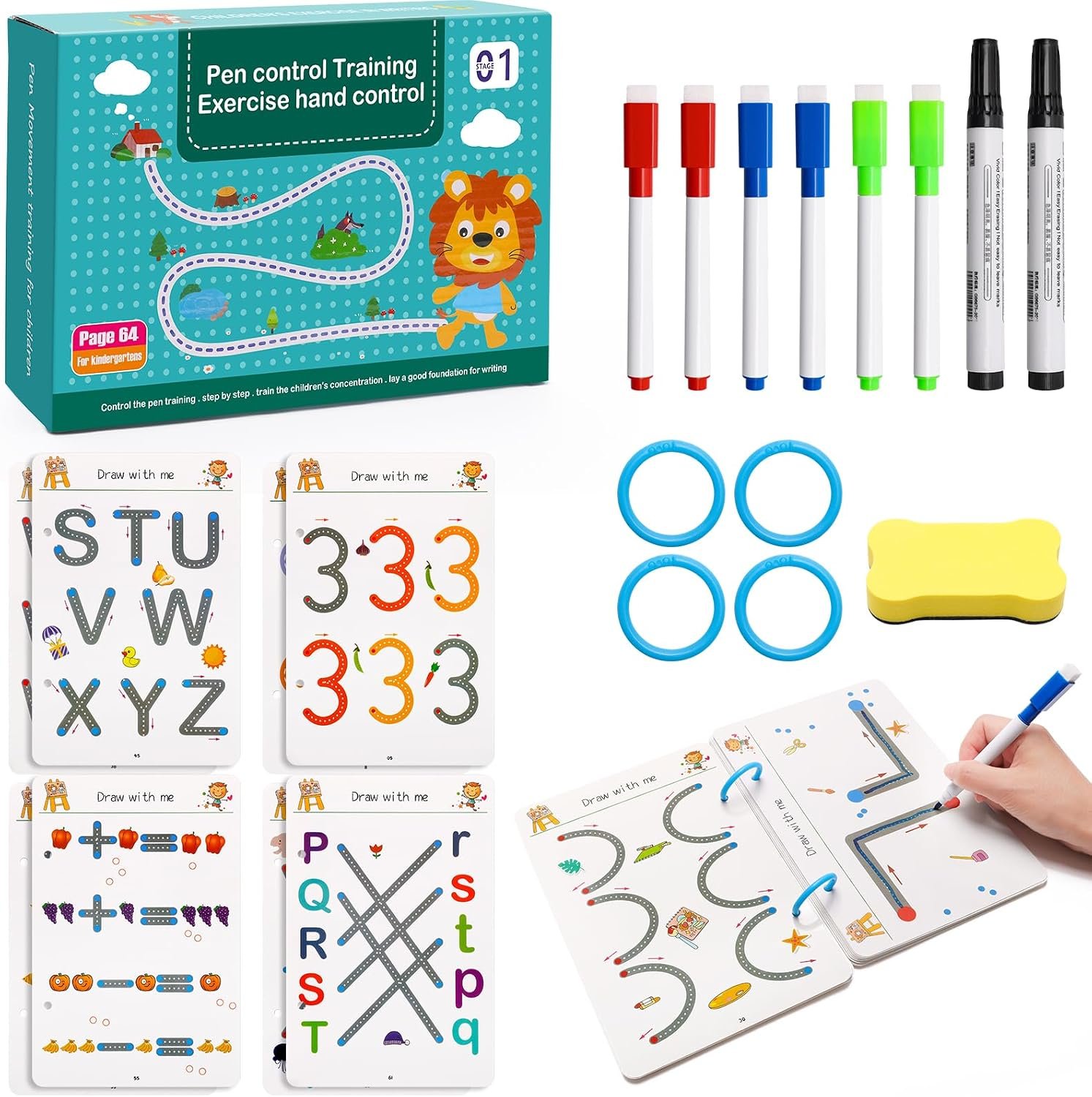 Scribble Smart Workbook with Reusable Feature 64Pages Little Curious Minds Workbook for Toddler Writing Practice for Kids Age2-6 Stimulate Little Curious Minds With 8 Pens, 4 Rings, 1 Eraser