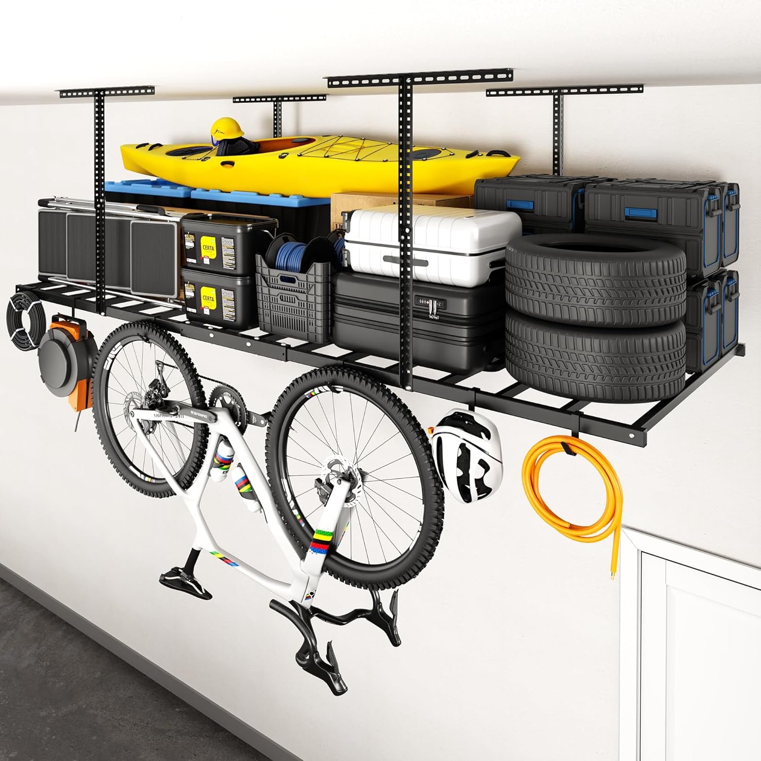 FLEXIMOUNTS 4×8 Overhead Garage Storage Rack with 6 Hooks, Adjustable Storage Organization System, Heavy-Duty Metal Ceiling Racks, 22.6″ -39.4″ Ceiling Dropdown, Black, Lite Series