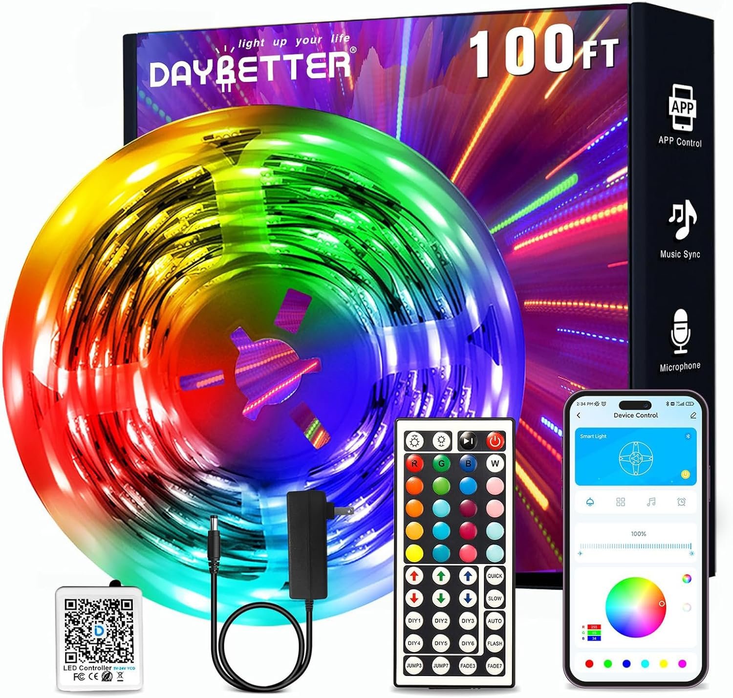 DAYBETTER LED Strip Lights 100ft, Smart Lighting with App Remote Control, RGB LED Lights for Bedroom, Music Sync Color Changing for Room Home Decor Party (1 Roll)