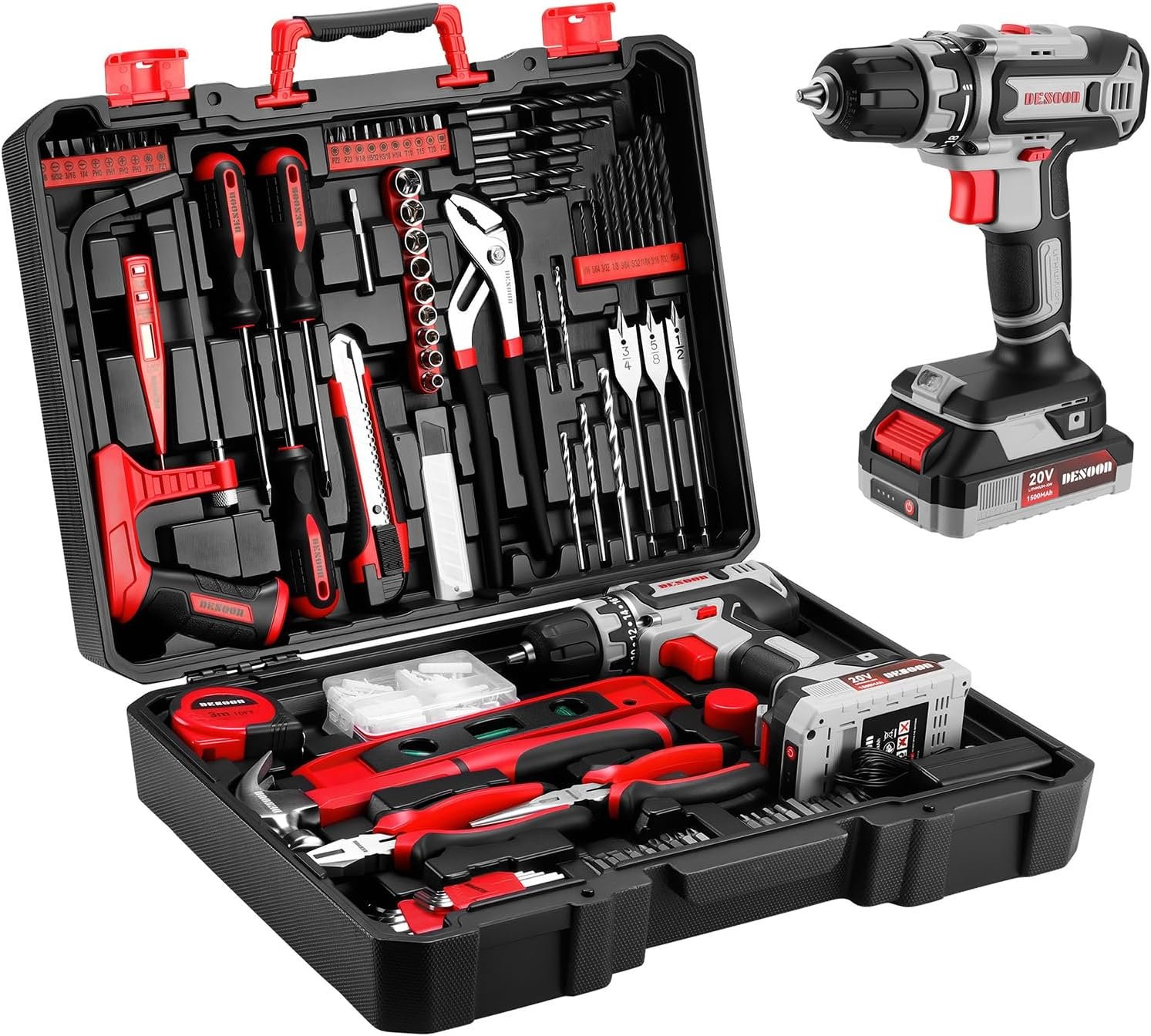 206-Piece Home Tool Kit with 20V Cordless Power Drill for Homeowners | Household & Mechanic Electric Drill Set for DIY Home Repair, Gift for DIYer, Handyman, Red