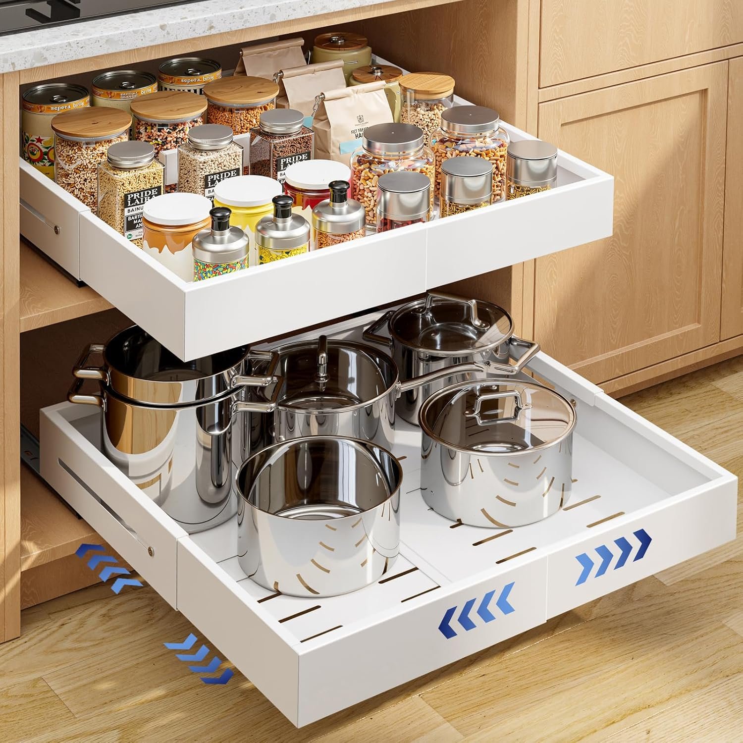 Kitsure Pull Out Cabinet Organizer – 2 Pack(12.6″-21″ D x 12″-20.4″ W) Expandable Sliding Cabinet Shelves, Smooth Glide Drawer Organizer, Kitchen & Pantry Storage, Framed & Frameless Cabinets
