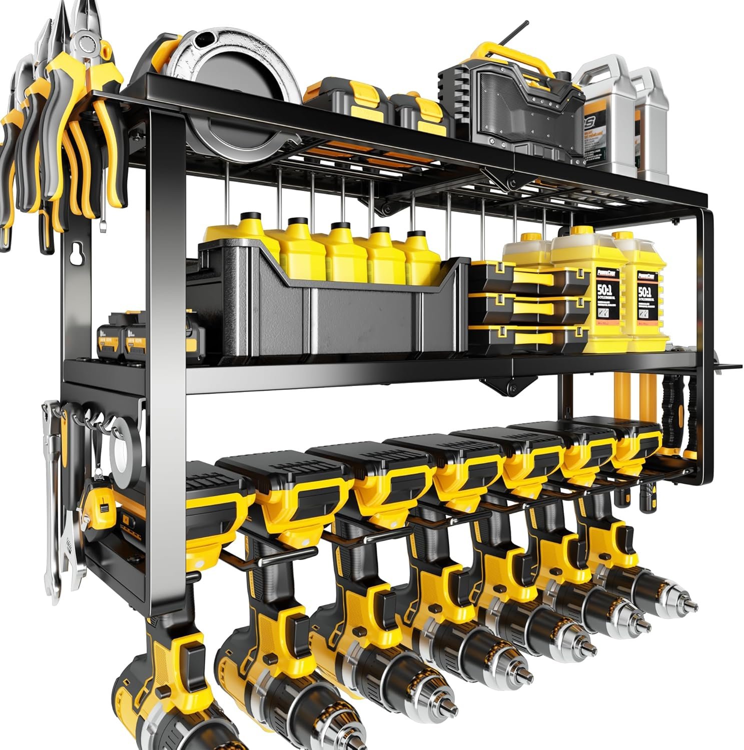 Hipidian Power Tool Organizer Wall Mount- 300lb Capacity 3-Tier Storage Rack with 7 Drill Holders for Garage Tools, Best Birthday Tools Gifts for Men Dad Husband