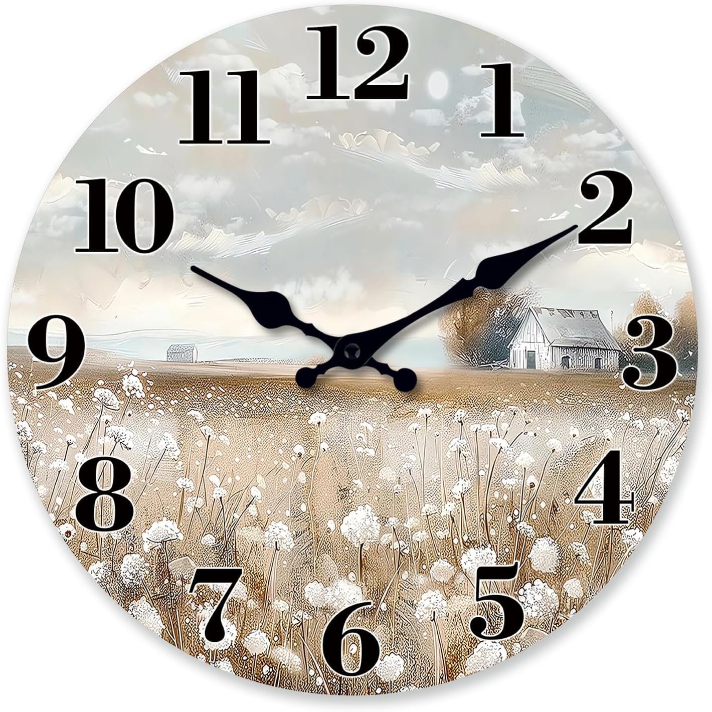 XFM Farmhouse Kitchen Wall Clocks Battery Operated 10 Inch Silent | Small Wooden Country Flower Field Clock Decorative for Living Room Bedroom Home Office Non-Ticking
