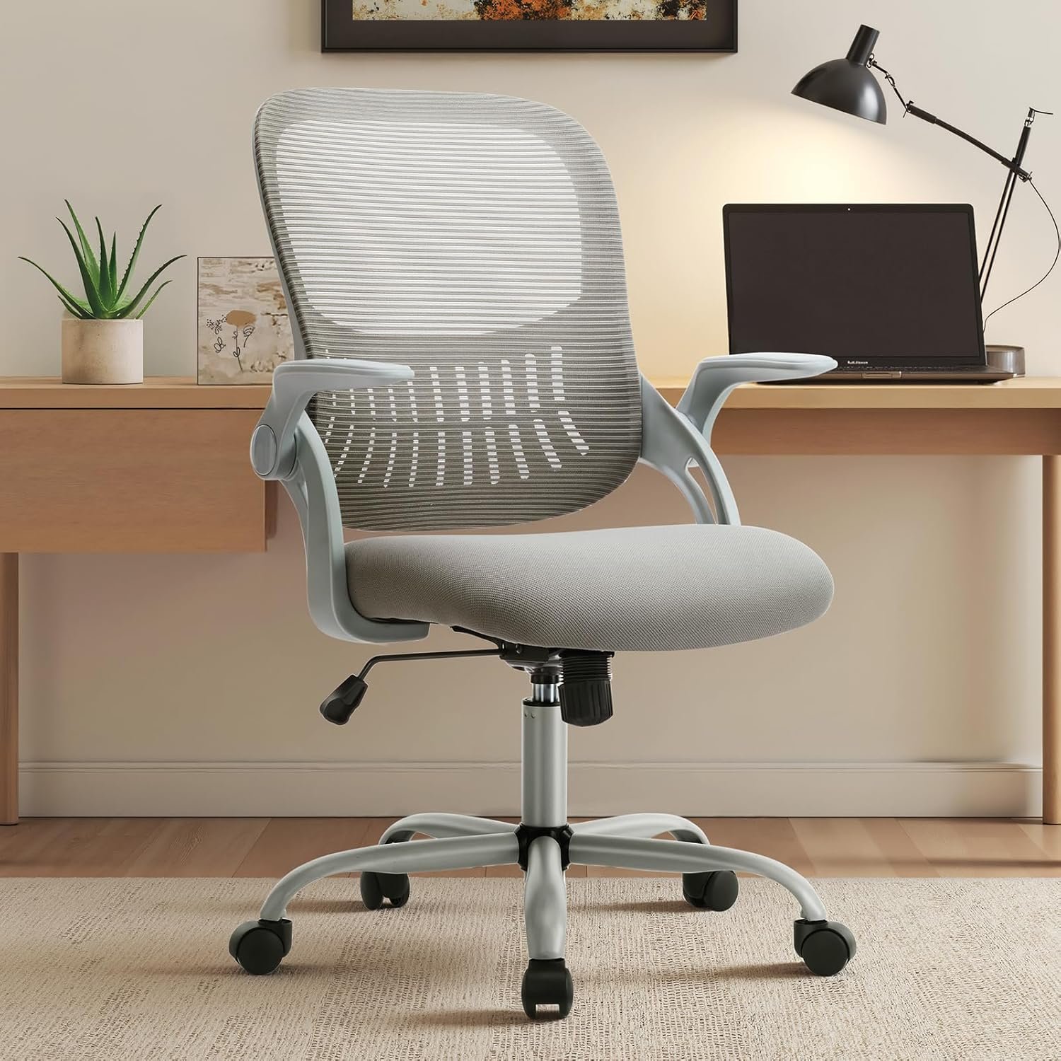 Sweetcrispy Home Office Managerial Executive Chair, Ergonomic Mesh Adjustable Swivel Mid-Back Chair with, Flip-up Arms, Comfortable Lumbar Support, Comfy Arms for Bedroom,Study,Student, Grey
