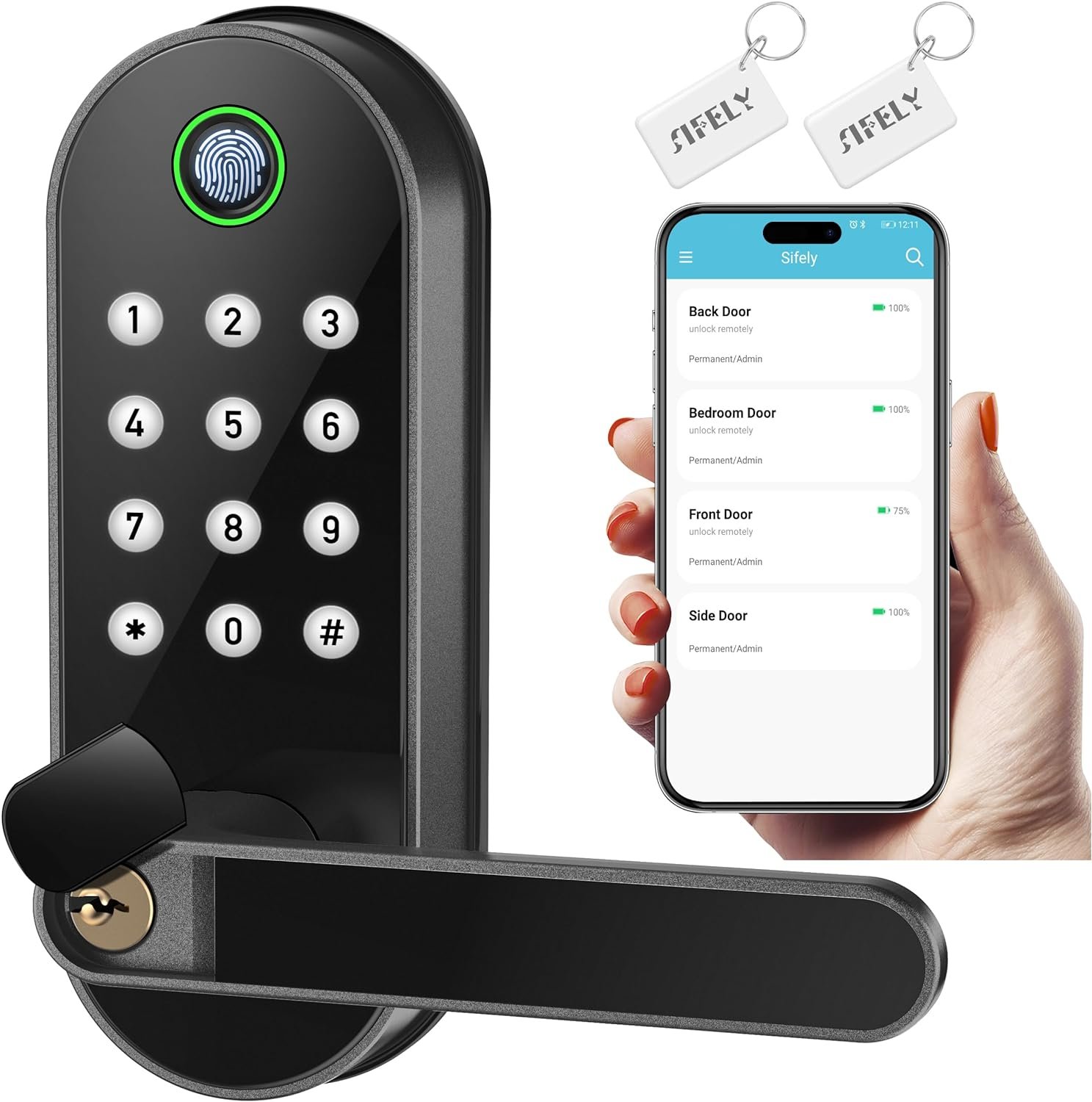 Fingerprint Smart Door Lock with Handle & Keypad – Bluetooth Keyless Entry for Front Door, Home, Kids, Guests, Airbnb & Rental, App + Code Access, Compatible with Alexa & Google, Easy DIY Install