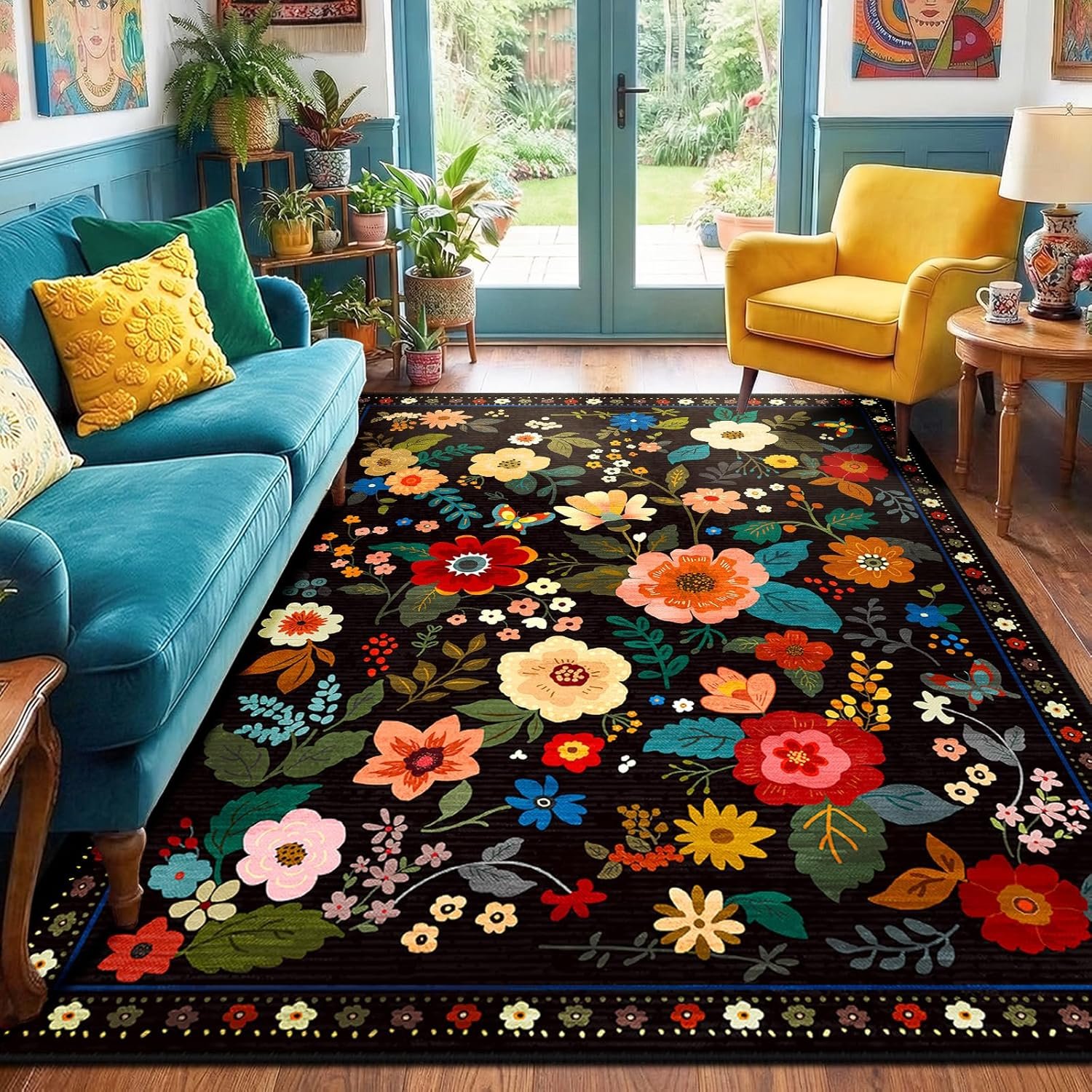 RELEANY Floral 5×7 Area Rugs Washable Print Boho Cute Carpet Non Slip Flower Low Pile for Living Room Bedroom Kitchen Office Farmhouse-Black