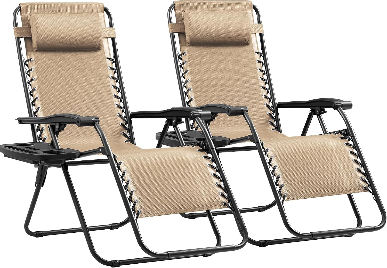 Devoko Set of 2 Zero Gravity Lounge Chairs, Outdoor Folding Adjustable Steel Mesh Recliner Chairs with Cup Holder & Removable Pillow for Patio Garden Lawn Beach (Beige)