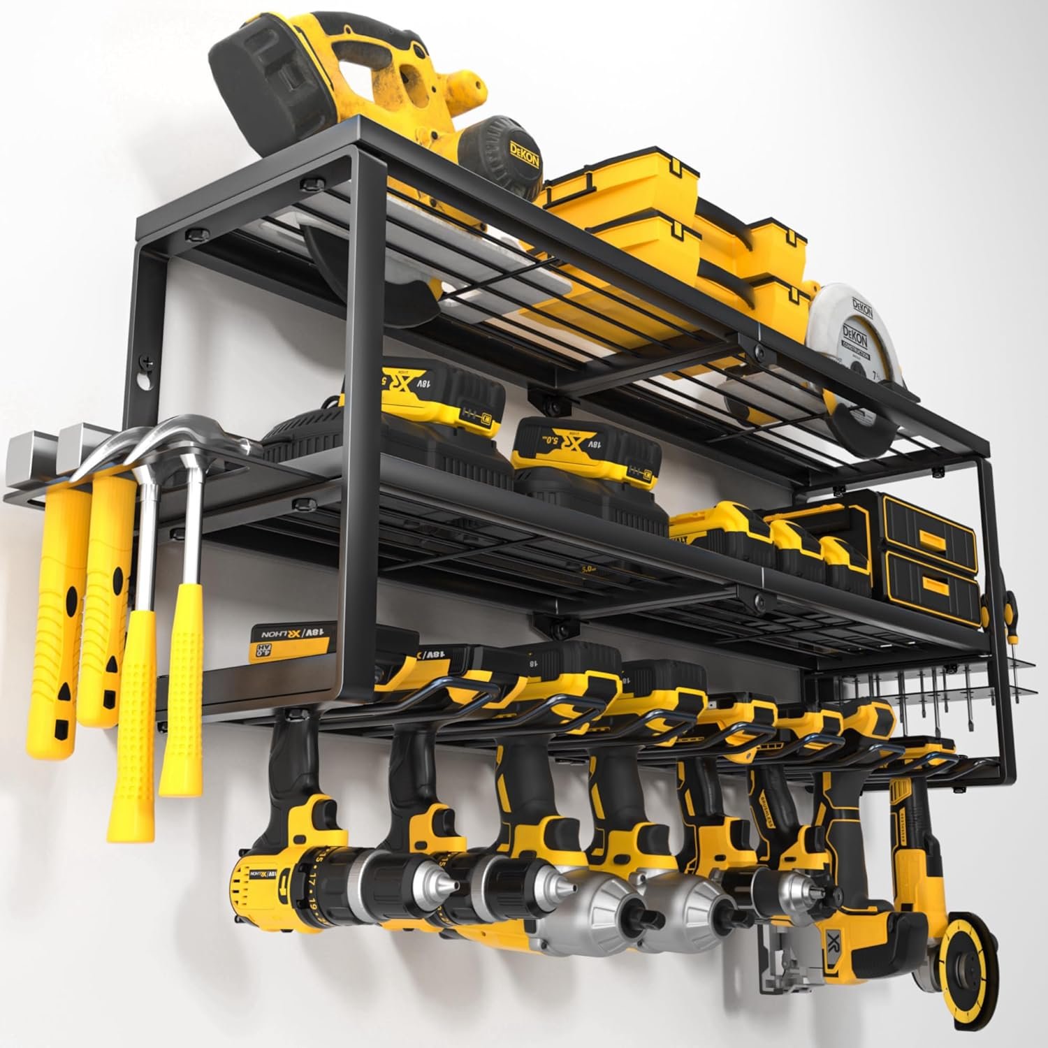 YYR Heavy Duty Power Tool Organizer Wall Mount, Cordless Drill Hanger Storage Rack, Battery Tools Holder with Charging Station Shelf for Garage Organization, Workshop, Pegboard, Shed – 32 Inch 8 Slots