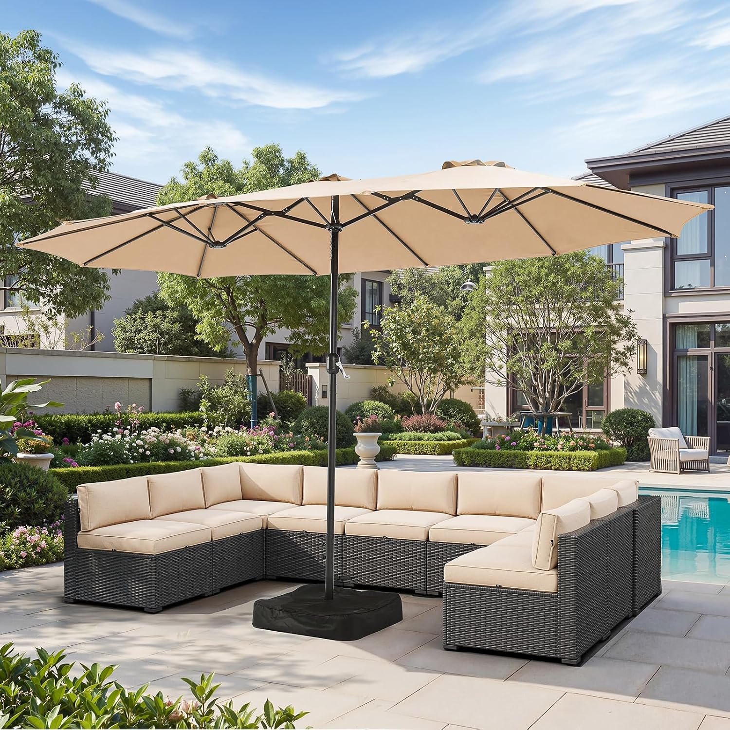 Aoxun 15ft Patio Umbrella with Base Included, Outdoor Double-Sided Rectangular Umbrella with Crank Handle & Ventilation, Large Standing Umbrella for Pool, Deck, Lawn, Backyard & Beach, Beige