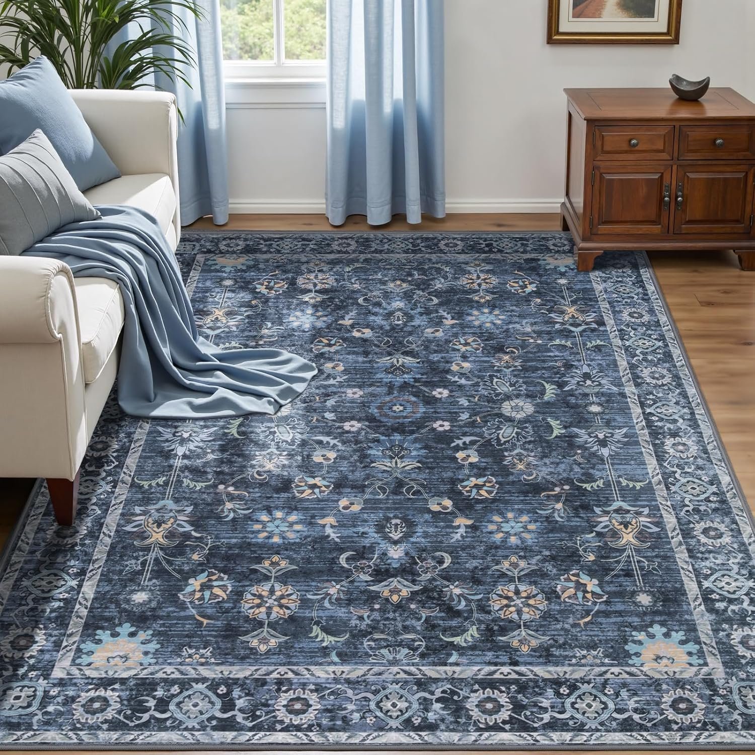 Tangsoo Washable Area Rugs 3×5 Non Slip, Boho Distressed Vintage Blue Floral Throw Rug for Bedroom Entryway, Soft Low Pile Floor Carpet Indoor Mat for Entrance Bedside Kitchen Nursery Office Farmhouse