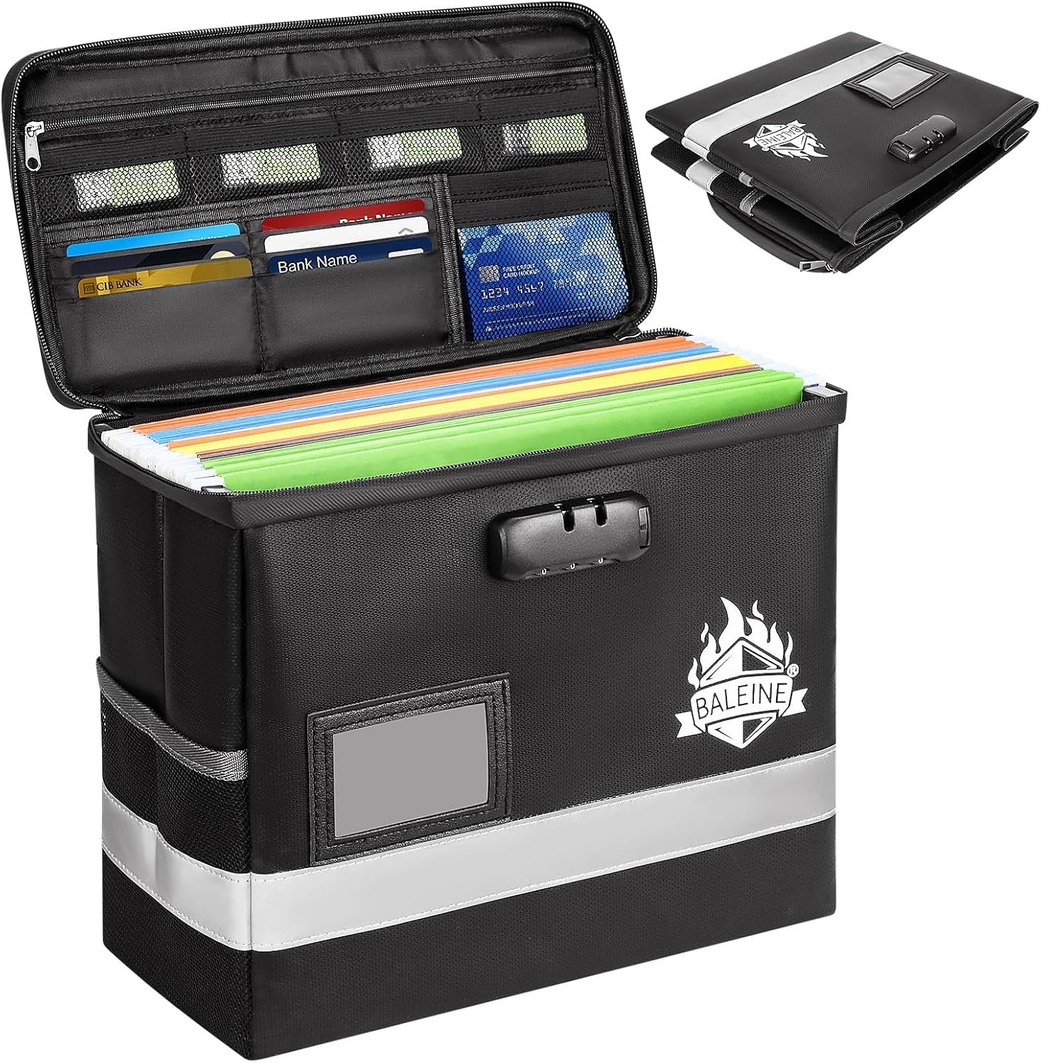 BALEINE Fireproof Document Box with Lock, Portable Fireproof Document Bag Waterproof Fire Proof File Boxes for Documents, File Organizer Box for Important Paperwork (Black, 12.5”x10.5”x6”)