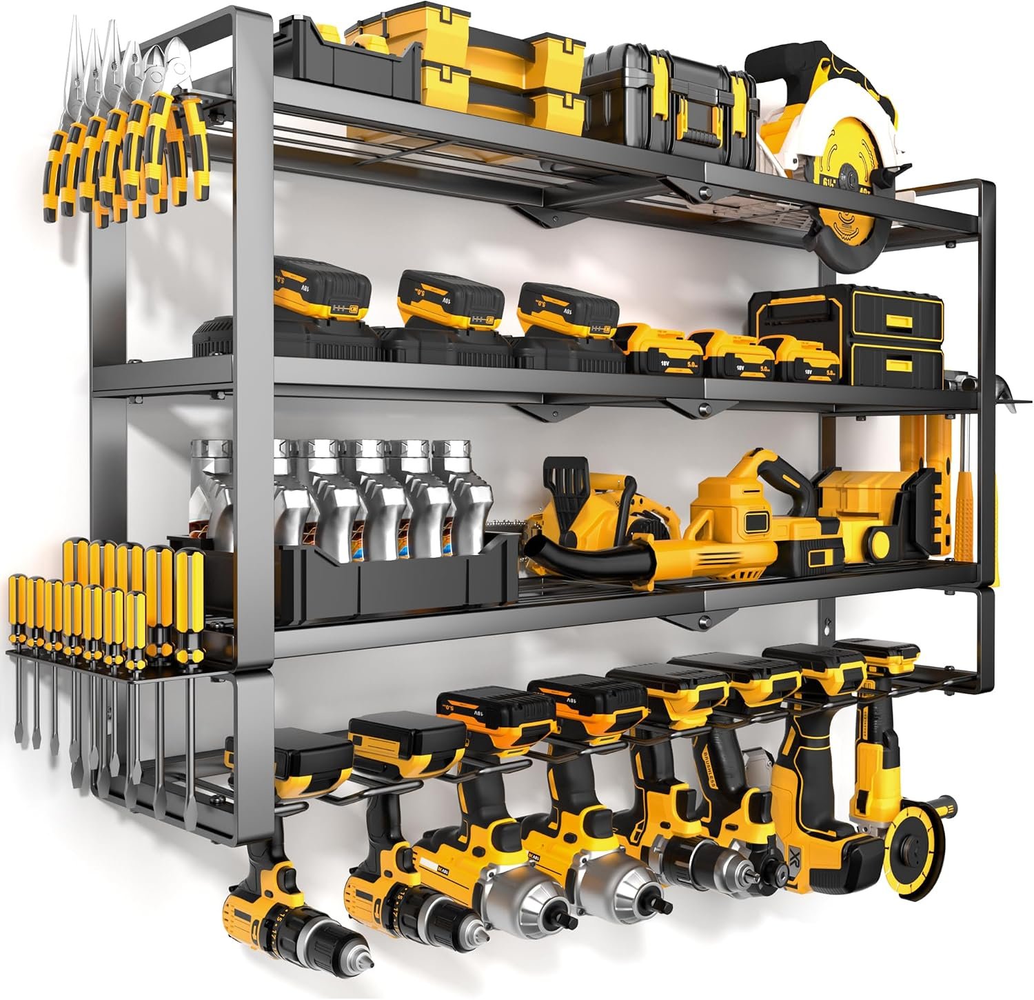 MOOMSINE Large Power Tool Organizer Wall Mount for Garage, 4-Tier Heavy Duty Metal Storage Rack Loads 400lbs, Battery Tools Hanger with 8 Cordless Drill Holder for Workshop, Pegboard, Shed
