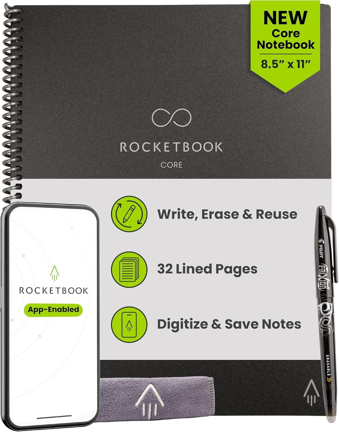 Rocketbook Core Reusable Smart Notebook, Lined Pages For School, Work and Creative Projects, Letter Size 8.5×11, Black – Premium