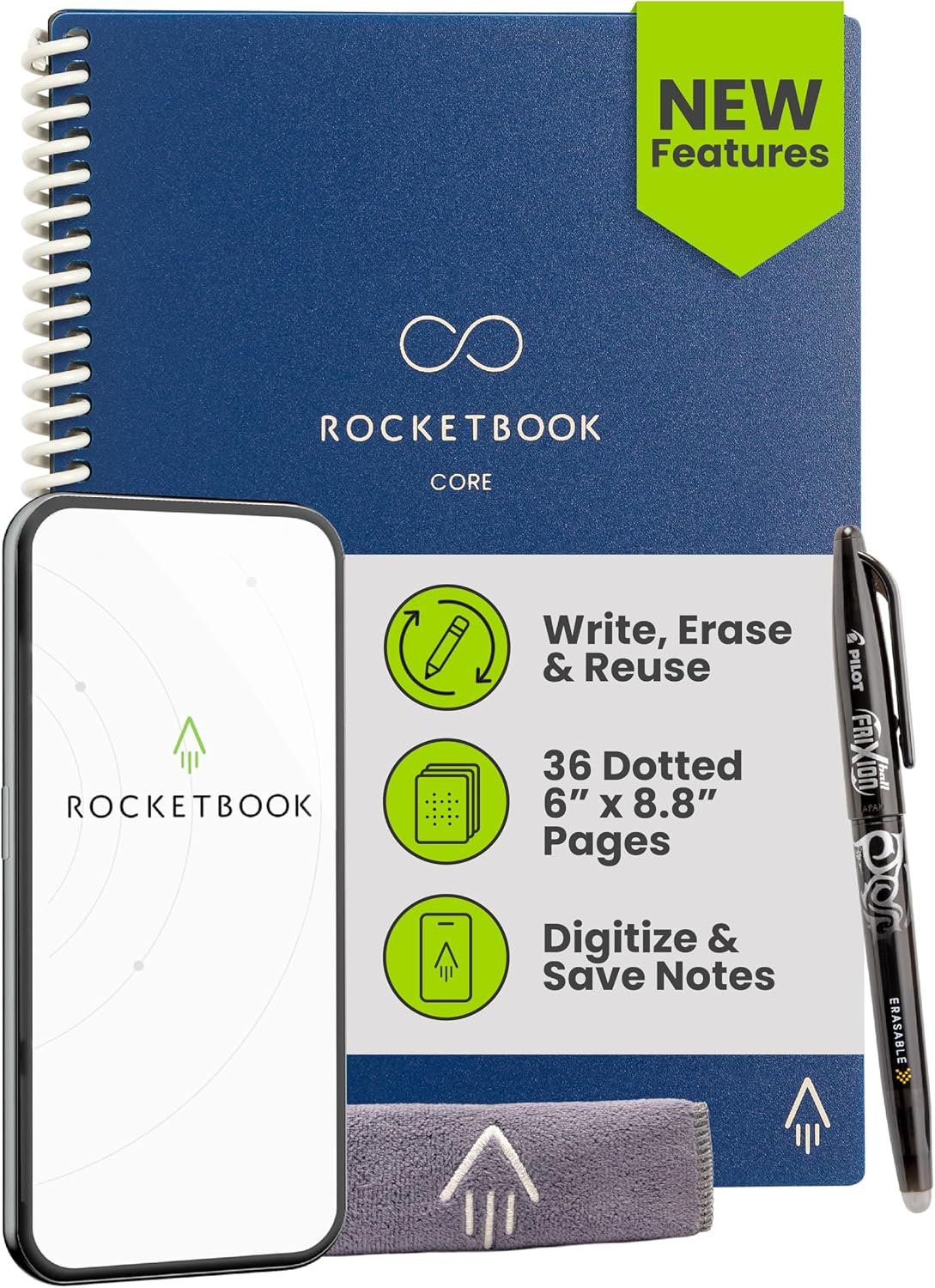 Rocketbook Core Reusable Smart Notebook, Dot Grid Pages For School, Work and Creative Projects, Executive Size 6×8.8, Blue – Premium | Lined and Dotted Pages For School Work and Creative Projects