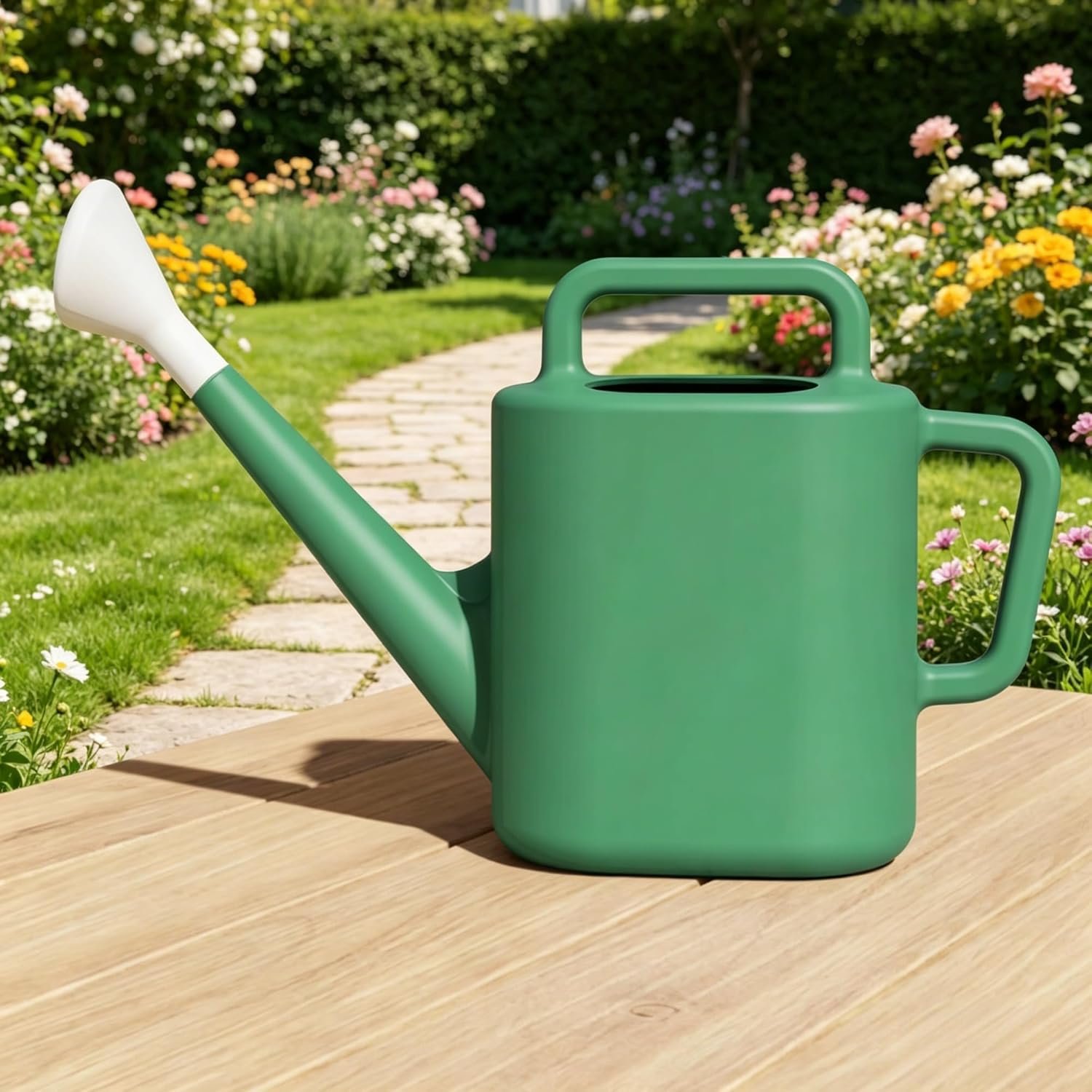 2 Gallon Resin Watering Can Green Lily – Top & Side Dual Handle for Easy Carry & Pour, Offset Opening Mess-Free Refill, Sturdy Garden Watering Can for Indoor & Outdoor Plants
