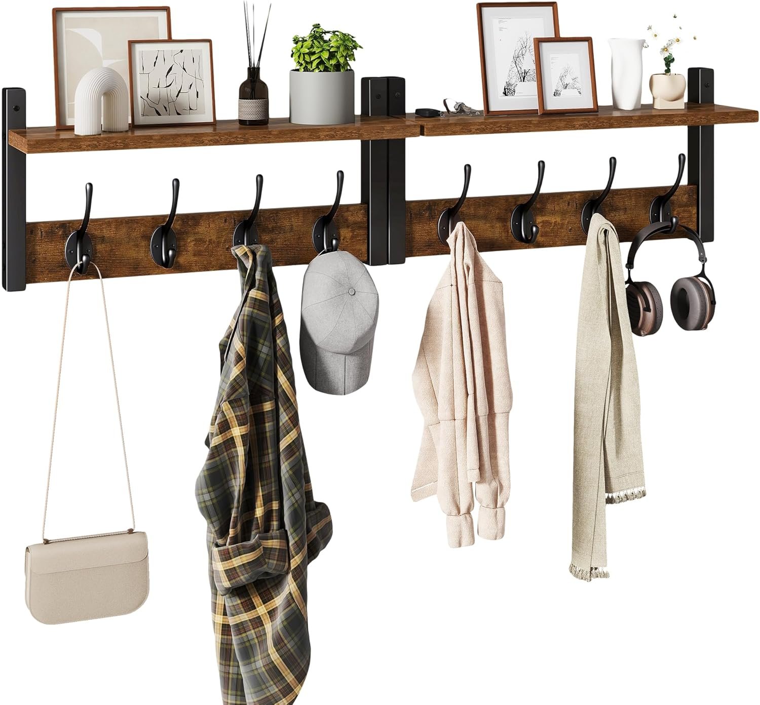 YMYNY Coat Rack Shelf Wall Mounted, Coat Hooks Set of 2, Entryway Coat Hanger with 8 Hooks, 31.5″ Wall Floating Shelf with Hat Rack, for Kitchen, Bedroom, Bathroom, Rustic Brown UHWS001H-2