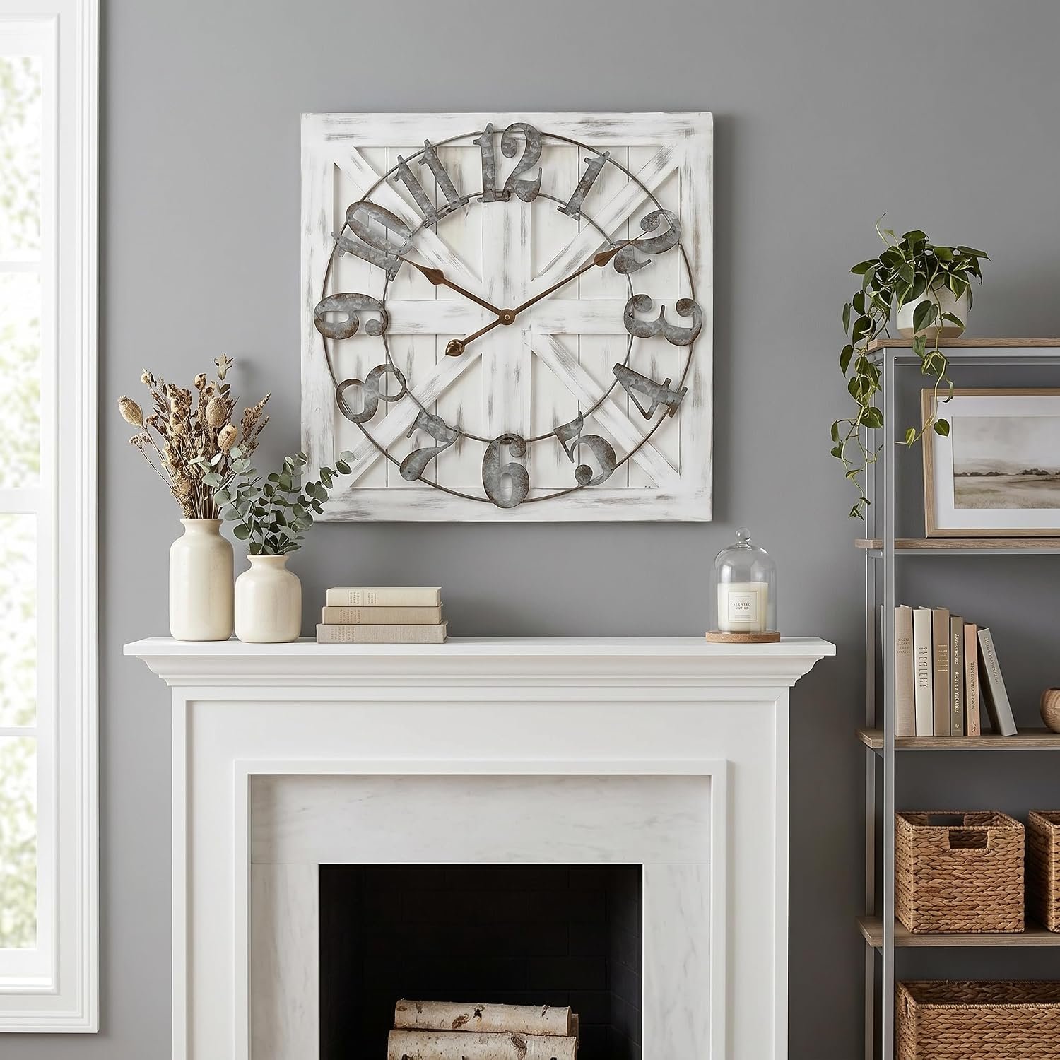 EMAX HOME Large Farmhouse Wall Clock – 24 Inch White Square Rustic Wooden Clock with Decorative Reversible Wooden Sign, Perfect for Any Space and Ideal Gift