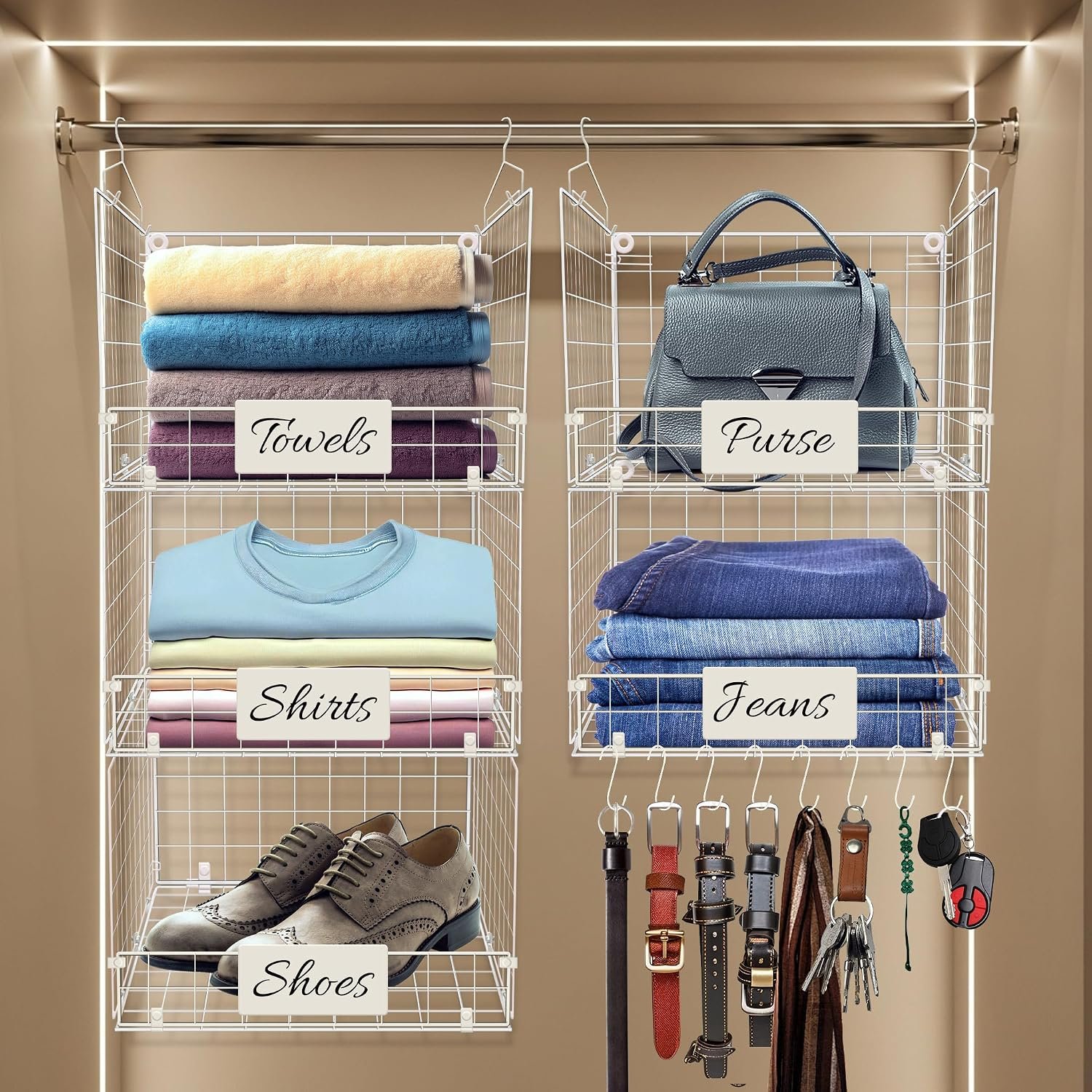 DECOLURE 5-Tier Adjustable Hanging Closet Organizer – Maximize Hanging Storage w/ 4 Hanging Hooks, 8 S Hooks & 5 Name Plates – Sturdy Foldable Wire Storage Hanging Shelves for Clothes, Towels (White)