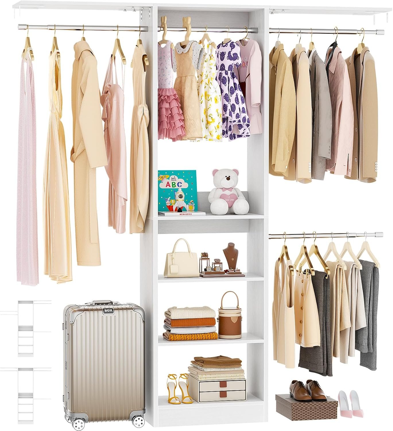 Besiost 48″ Closet Organizer System, 4FT Closet System for Small Closets with 4 Hanging Rods & 3 Shelves, 80″H Small Closet Organizers and Storage for Bedrooms, Cloakrooms, White
