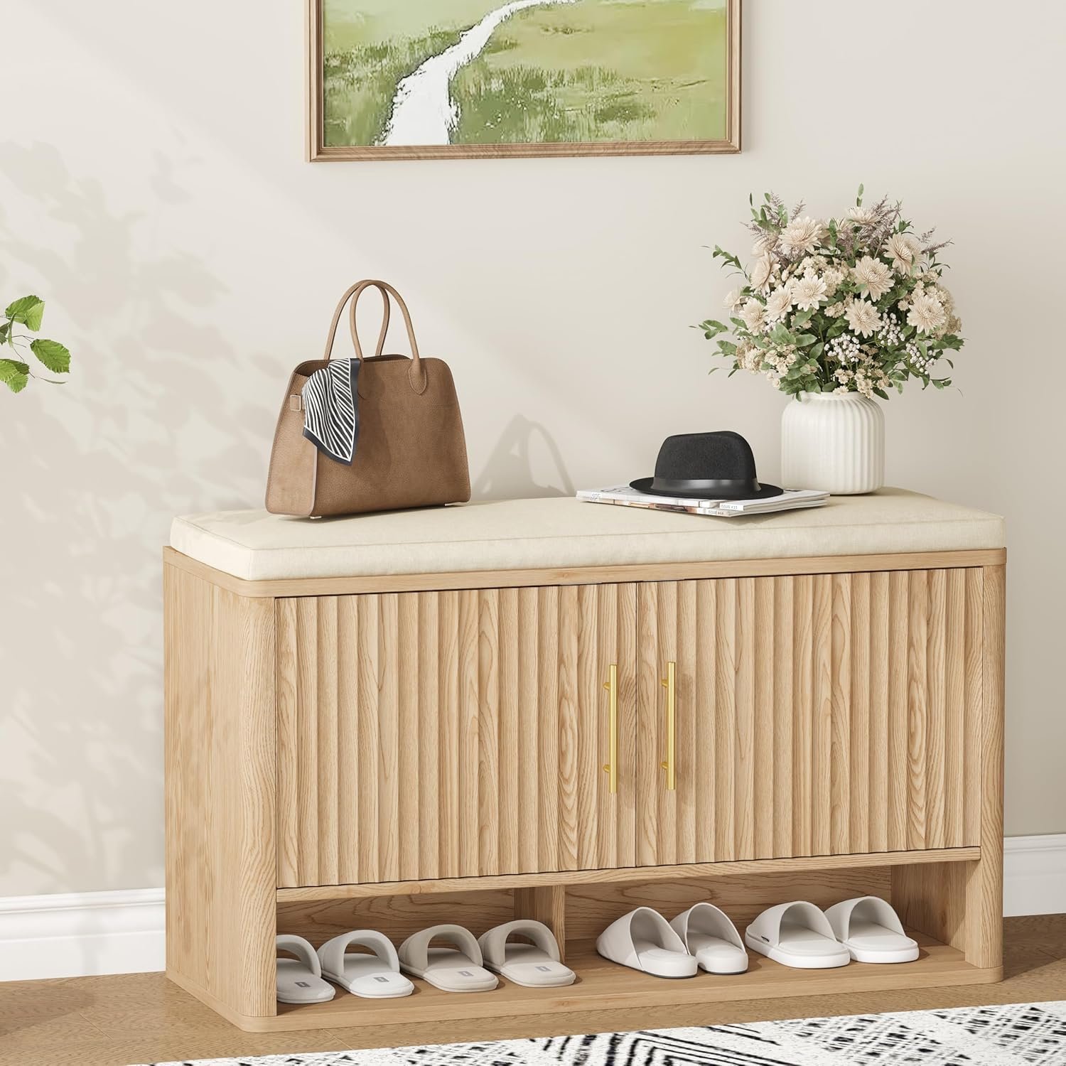 Fluted Shoe Storage Bench with Cushion, Entryway Bench with Adjustable Shelves and Open Bottom Shelf, Hidden Shoe Cabinet Storage for Entryway, Hallway, Living Room, Bedroom, Natural Oak