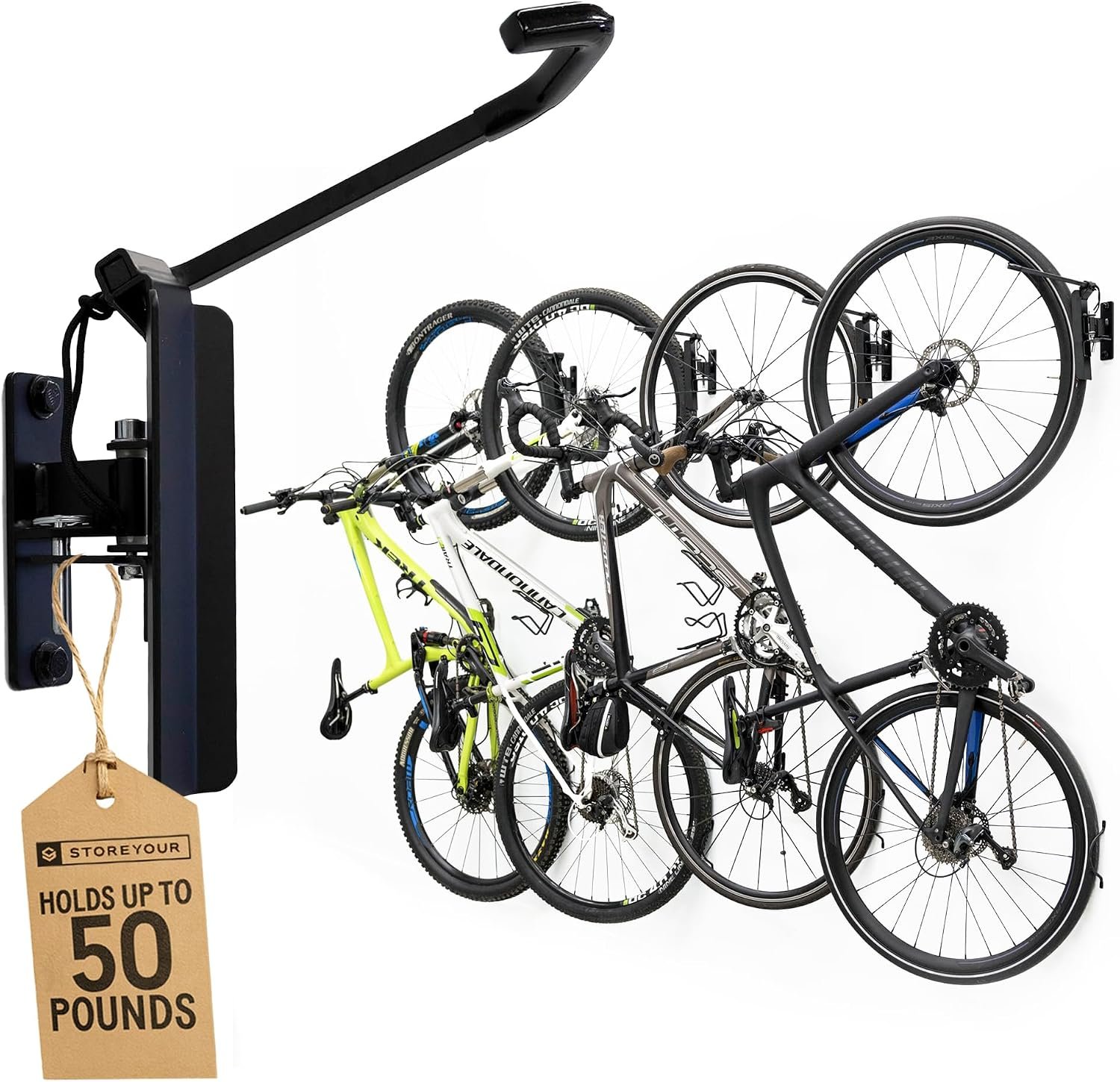 StoreYourBoard Bike Hangers for Garage | Garage Bike Rack Wall Mount, Vertical Bicycle Rack for Garage | 124° Swivel Bike Wall Mount with Stopper, Holds 50lbs, Fits All Wheel Diameters, Max 2.6” Tires