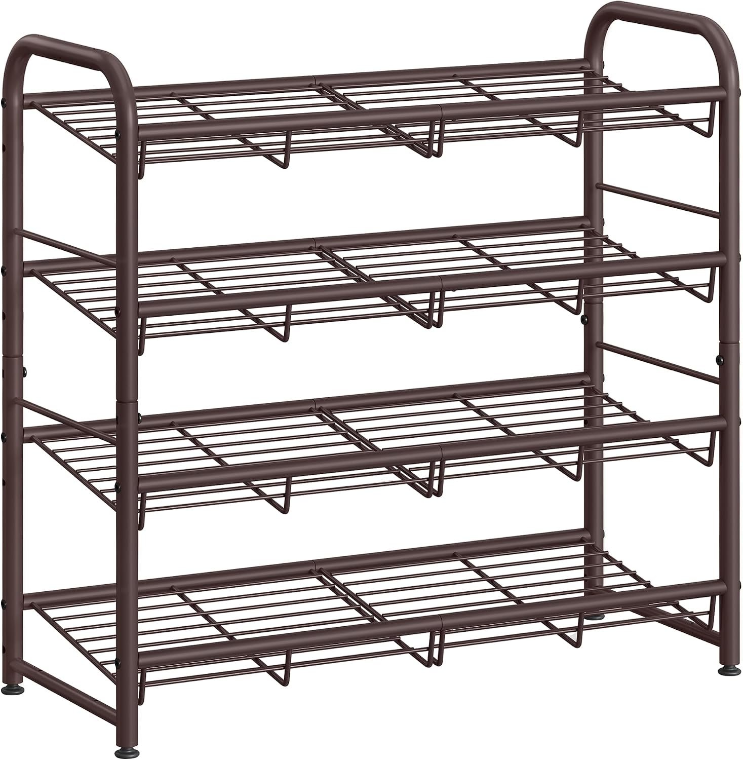 SONGMICS Stackable Shoe Rack, 4 Tier Metal Shoes Rack Storage Shelf, Holds up to 16 Pairs Shoes, Adjustable Slanted Shelves Tower Organizer for Closet Entryway Small Spaces, Bronze