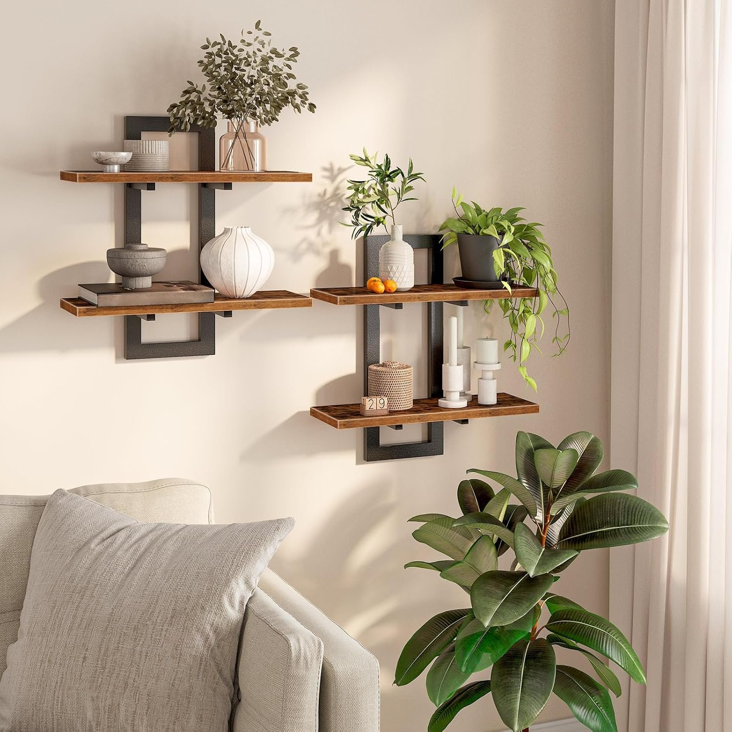 HOOBRO Floating Shelves, 15 Inch Wall Shelf Set of 2, Wall Mounted Storage Shelves 2-Tier, Hanging Bathroom Shelves, for Living Room, Bedroom, Bathroom, Kitchen, Rustic Brown and Black BF32BJ01G1