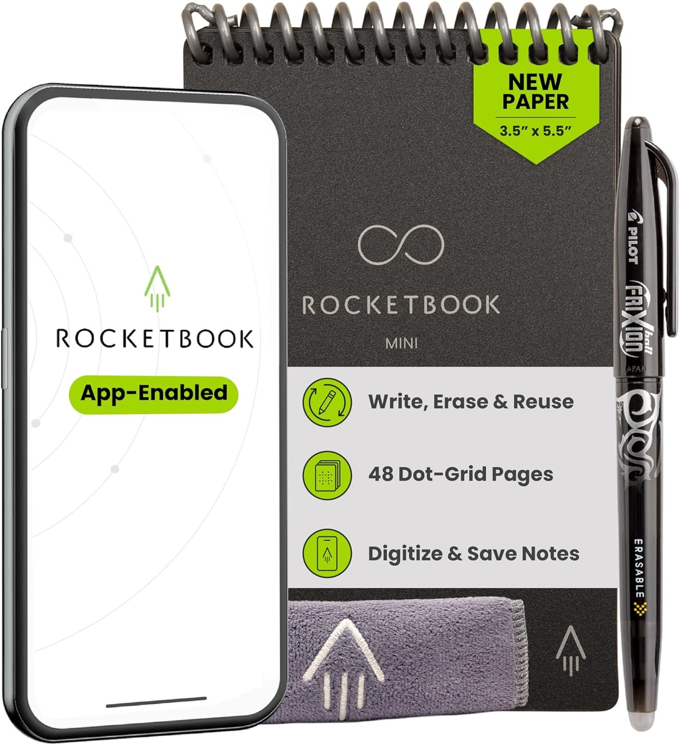 Rocketbook Mini Reusable Smart Notepad, Pocket Size On-The-Go Notebook, 3.5×5.5, Black (Pack of 1) | Pocket Size On-The-Go Notebook for Quick Note Taking, Includes Pen and Towel