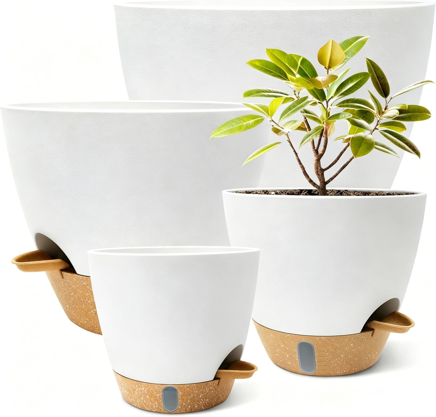 4-Pack Large Self Watering Pots for Indoor Plants, 12/10/9/8 Inch Planters with Visible Water Level Window, Automatic Watering System for Monstera, Fiddle Leaf, Herbs, Succulents, White